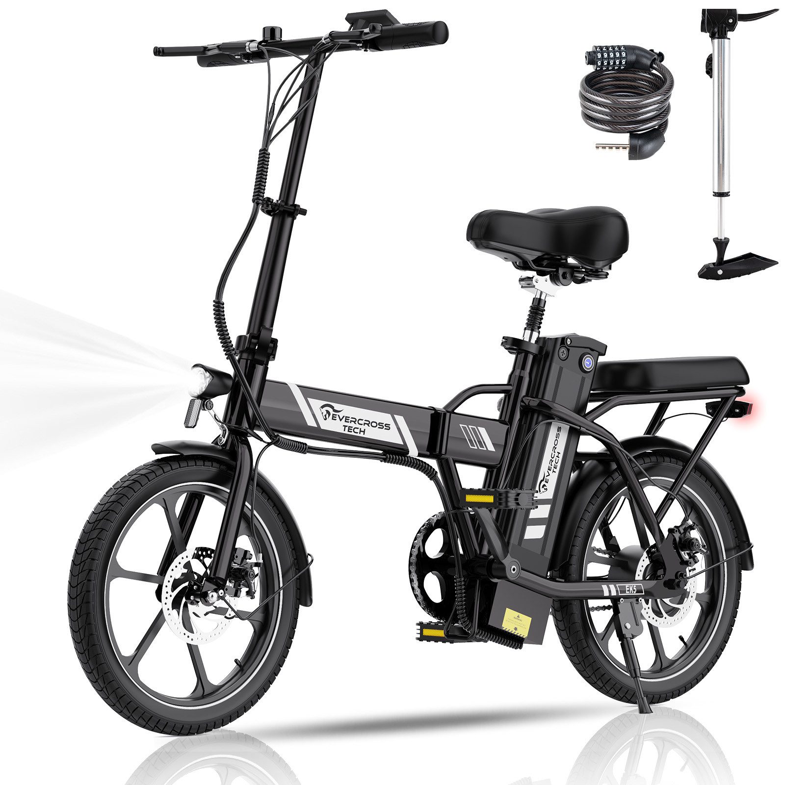 EVERCROSS TECH E-Bike EK5 Faltbares E-Fahrrad,klapprad Riemenantrieb,Pedelec, 36V 8.4 AH, Heckmotor, 302,4 Wh, Heckmotor,15/20/25 KM/H, bis 20-45km, ebike Herren/Damen