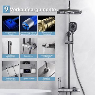 TWSOUL Duschsystem Duschsystem mit Thermostat,, Duschset mit Digitalanzeige, 3 Strahlart(en), Anzug, Die Hohe der Duschstange ist verstellbar (96-123 cm)