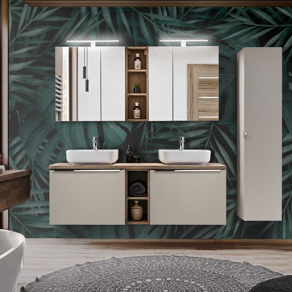 Lomadox Badmöbel-Set PUEBLA-56-TAUPE, (Spar-Set, 12-St), Eiche Doppelwascht günstig online kaufen