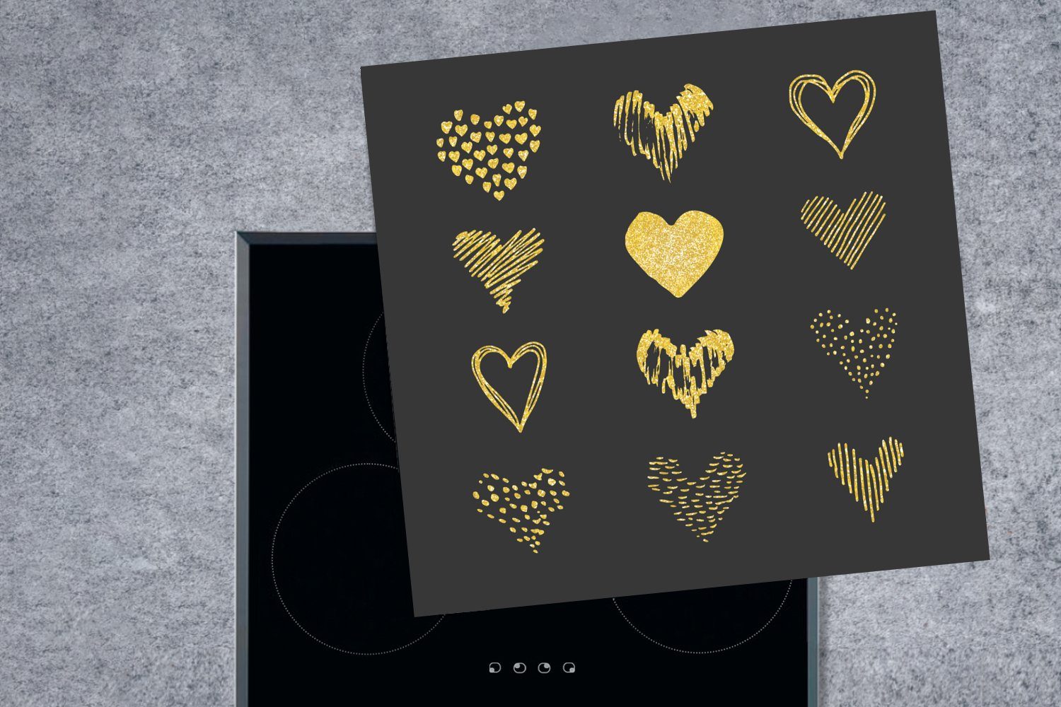Arbeitsplatte tlg), MuchoWow Herzen Papier, küche cm, auf Vinyl, gezeichnete (1 Herdblende-/Abdeckplatte schwarzem Ceranfeldabdeckung, für Gold 78x78