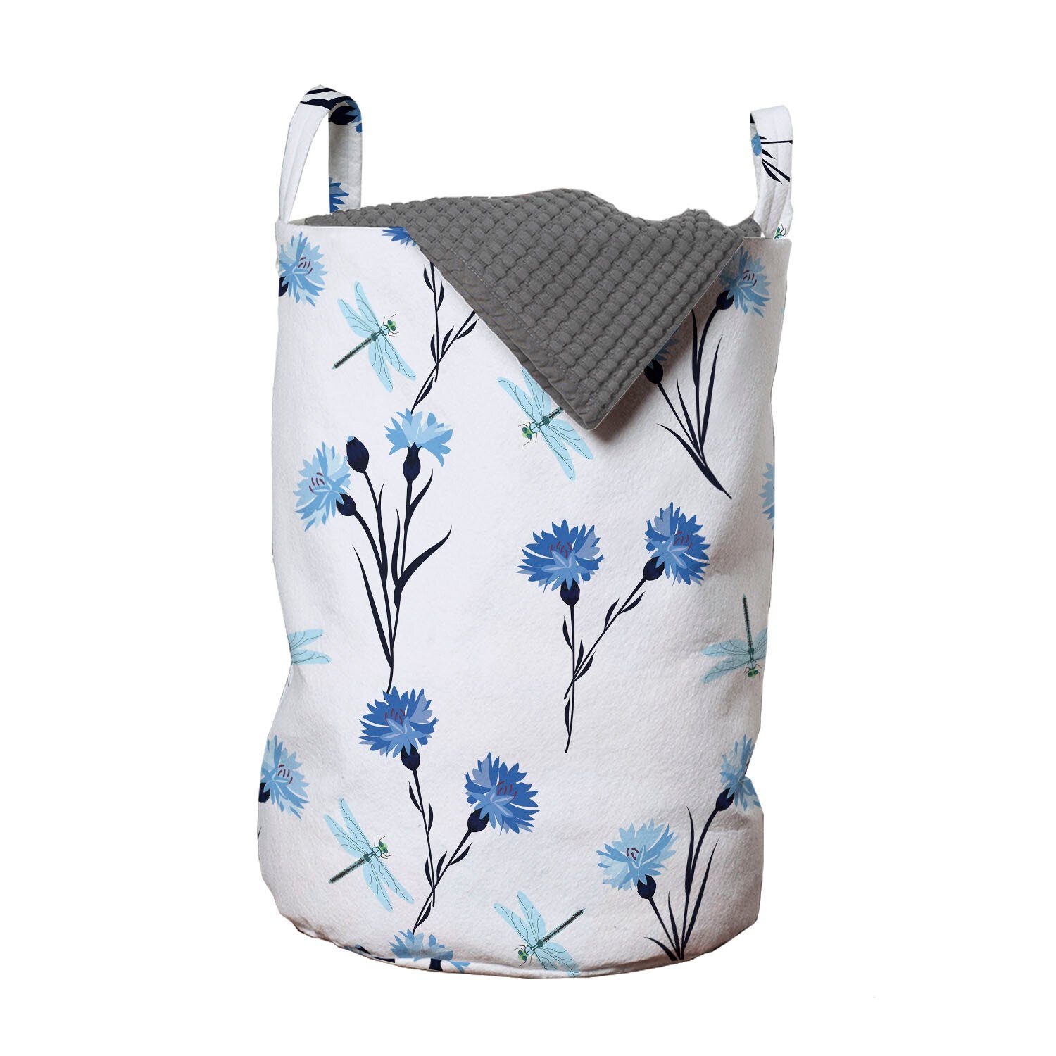 Abakuhaus Wäschesäckchen Wäschekorb mit Griffen Kordelzugverschluss für Waschsalons, Blumen Kornblumen und Libellen