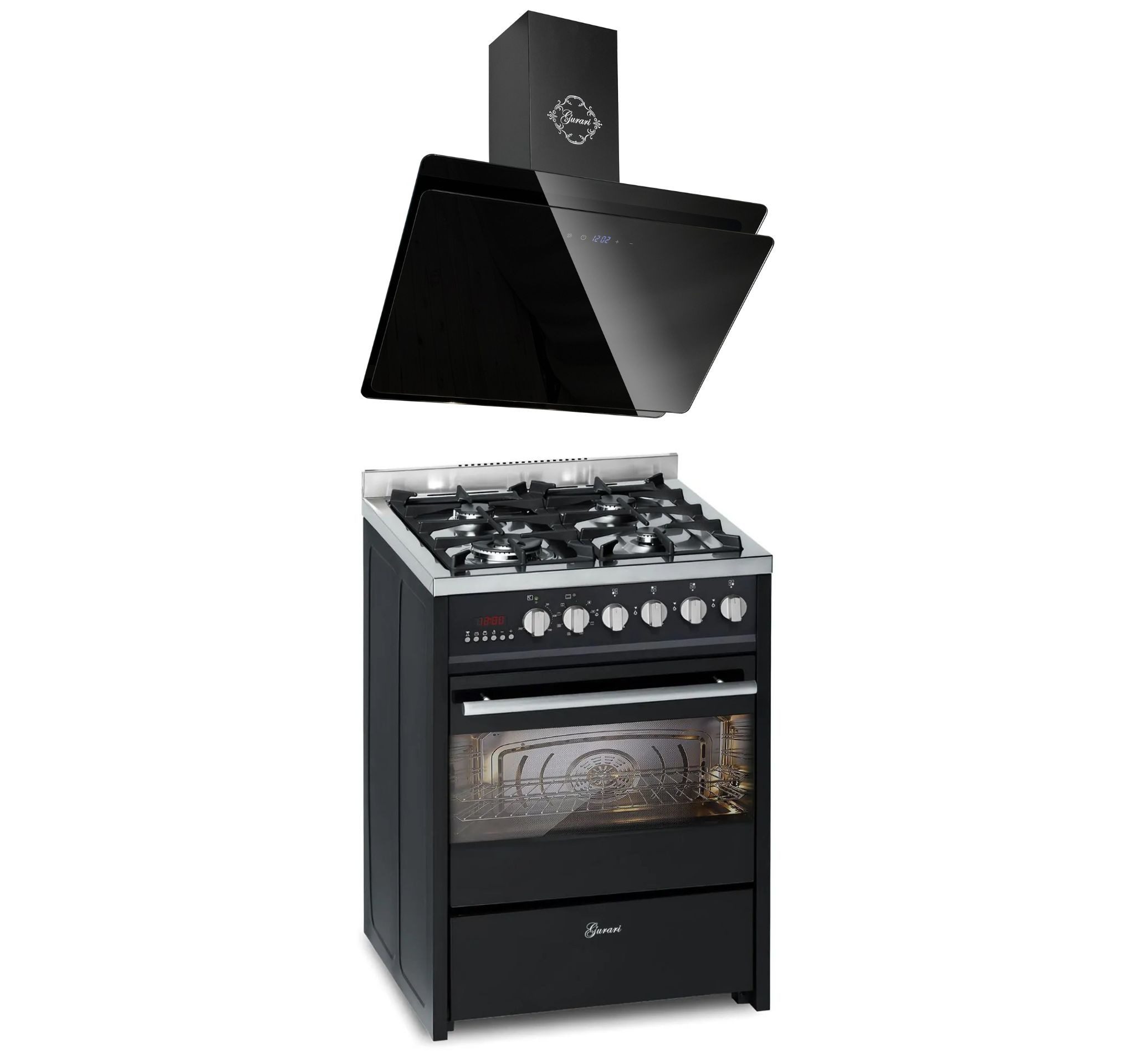 GURARI Gas-Standherd 60 cm Schwarze Gasherd mit Elektrobackofen 60 L Range Coocker+Dunstabzugshaube 60 cm, Schwarz Glas,1000m³/h GCH E 610 BL+GCH 411 60 BL PRIME, mit 1-fach-Teleskopauszug