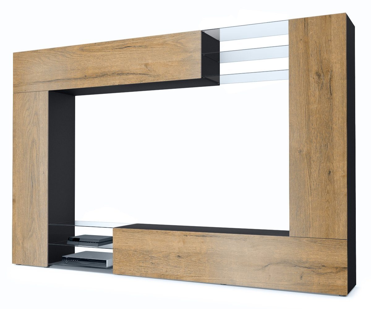 Vladon Wohnwand Mirage, (Anbauwand mit Rückwand mit 2 Türen, 4-St., 2 Klappen und 6 offenen Glasablagen), Schwarz matt/Eiche Natur (262 x 183 x 39 cm) Front in Eiche Natur