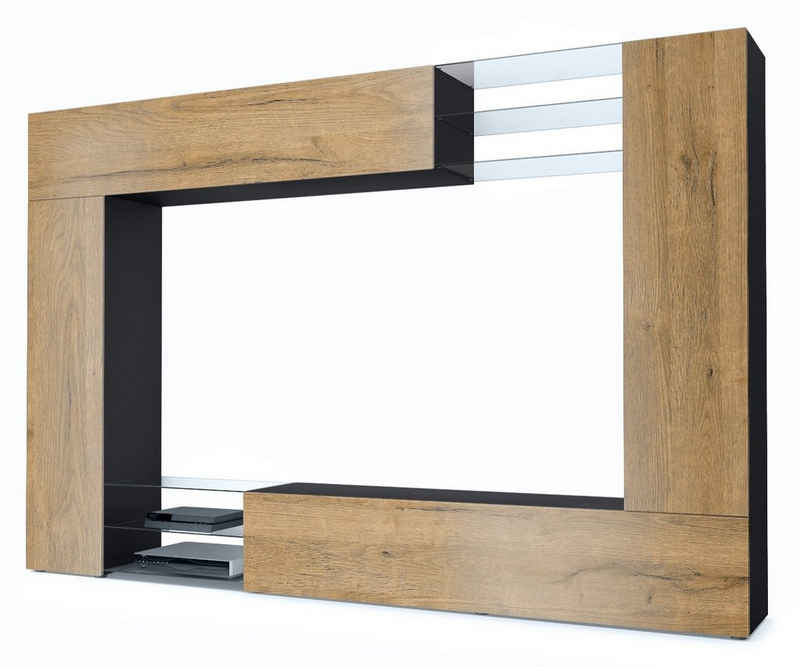 Vladon Wohnwand Mirage, (Anbauwand mit Rückwand mit 2 Türen, 4-St., 2 Klappen und 6 offenen Glasablagen), Schwarz matt/Eiche Natur (262 x 183 x 39 cm)