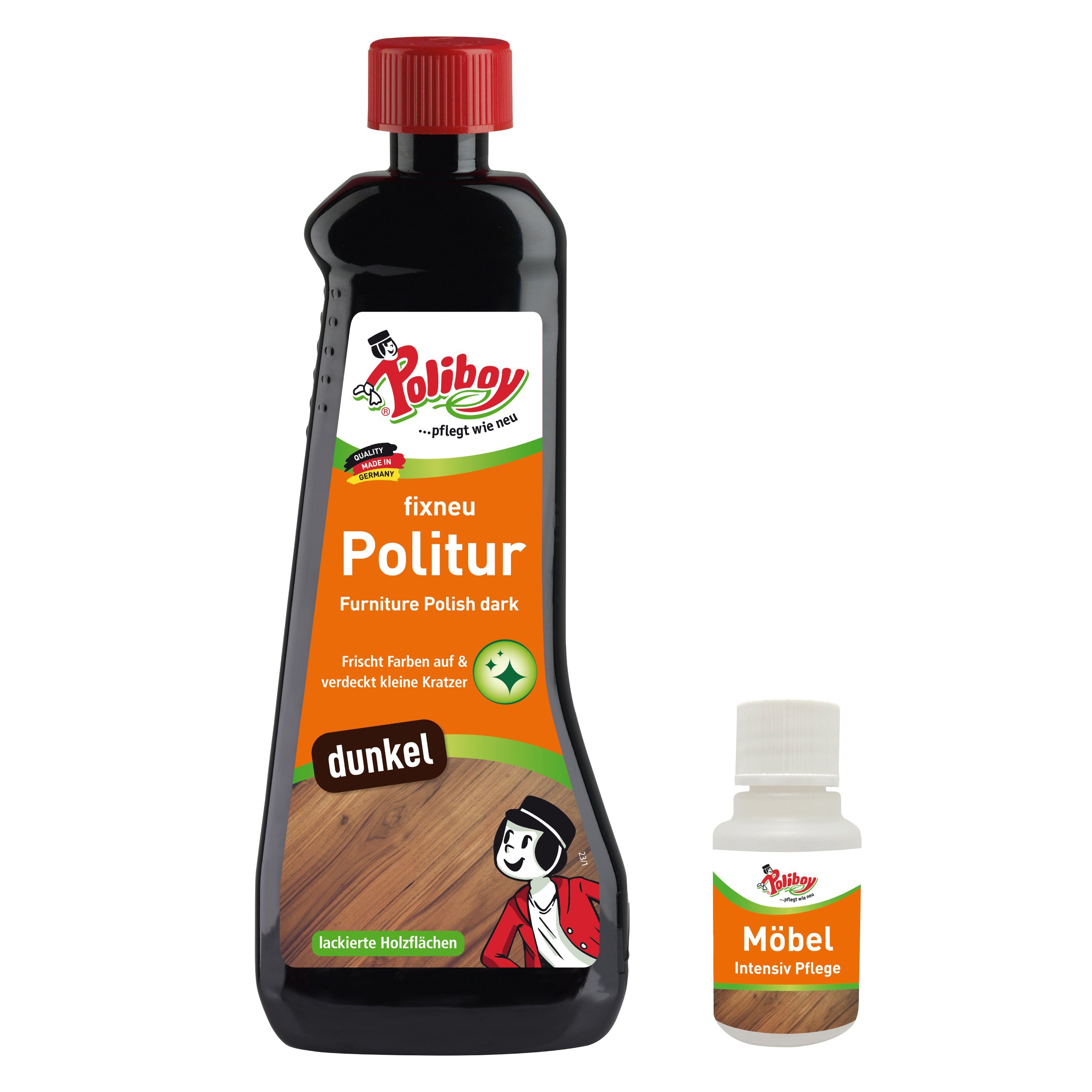 poliboy Fixneu Möbelpolitur dunkel - 500ml - inklusive Möbel Probe - 20ml - Möbelreiniger (für dunkle Oberflächen - Made in Germany)