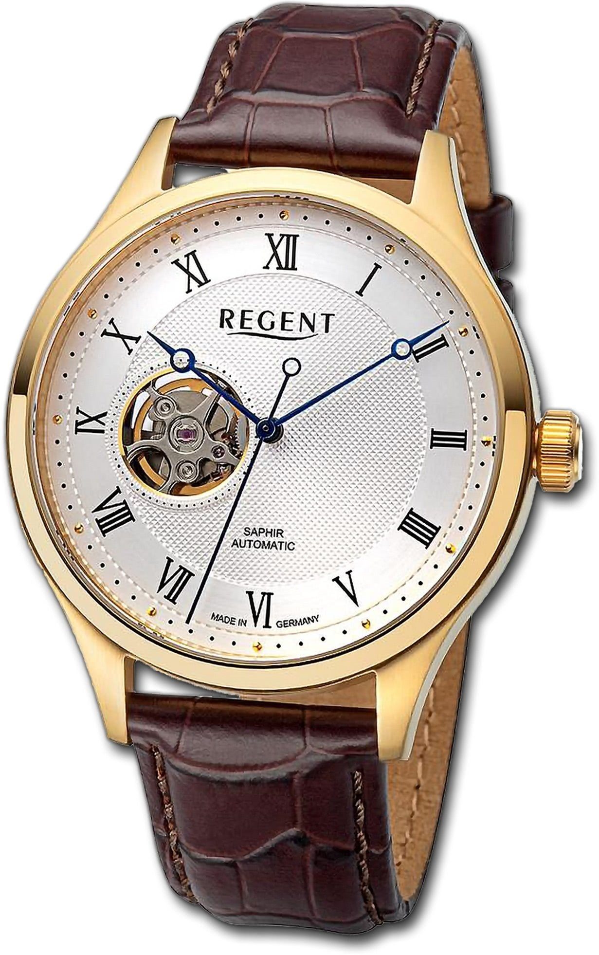 Regent Quarzuhr Regent Herren Armbanduhr Analog, Herrenuhr Lederarmband braun, rundes Gehäuse, extra groß (ca. 42mm)