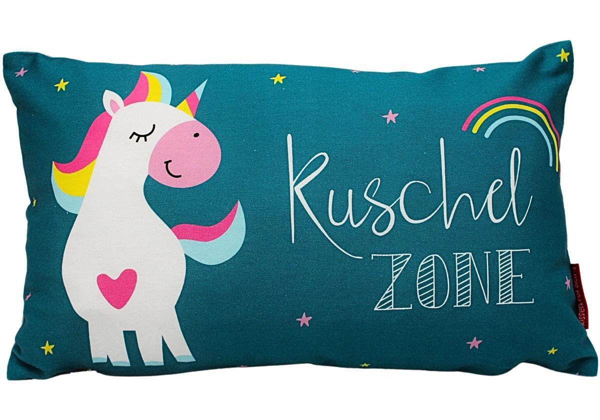 Dekohelden24 Dekokissen Zierkissen - Kuschel Kissen mit Einhorn / Aufschrift - Kuschelzone, - L/B/H ca. 40 x 13 x 23 cm, 100% Baumwolle.