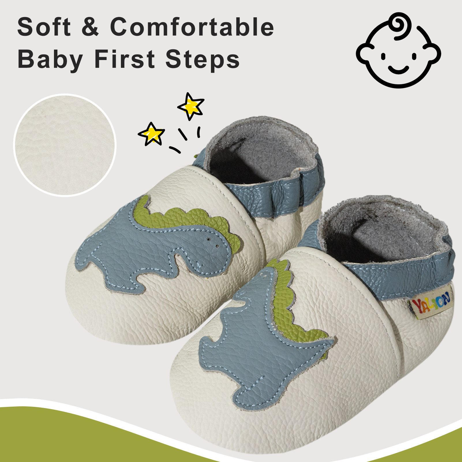 Yalion Weiche Leder Lauflernschuhe Hausschuhe Lederpuschen Dino Weiß Krabbelschuh