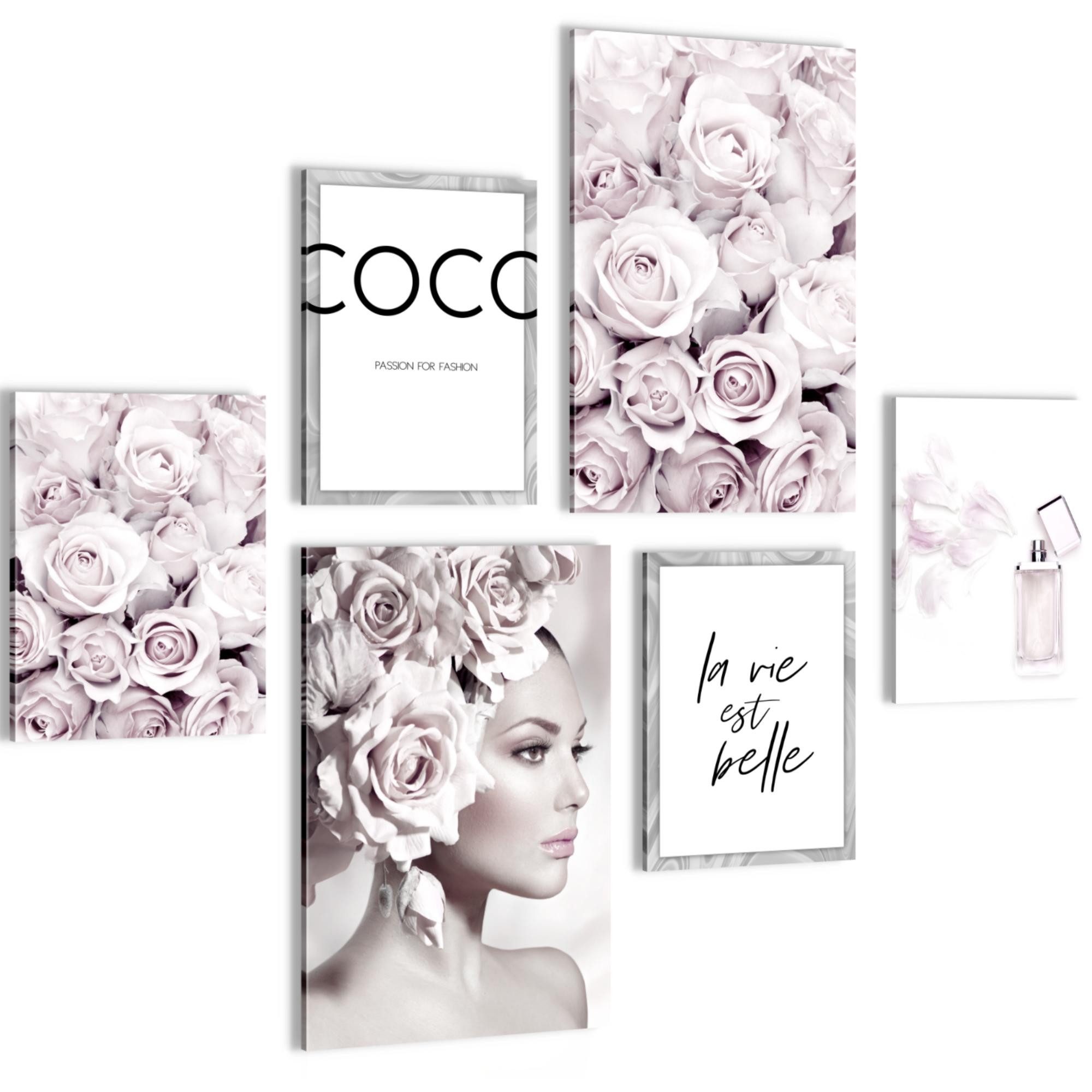 Novart Wandbild Coco Fashion Grau Rosa AUFHÄNGFERTIG Deko Mädchen Teenager N000767a, 136L x 124B cm