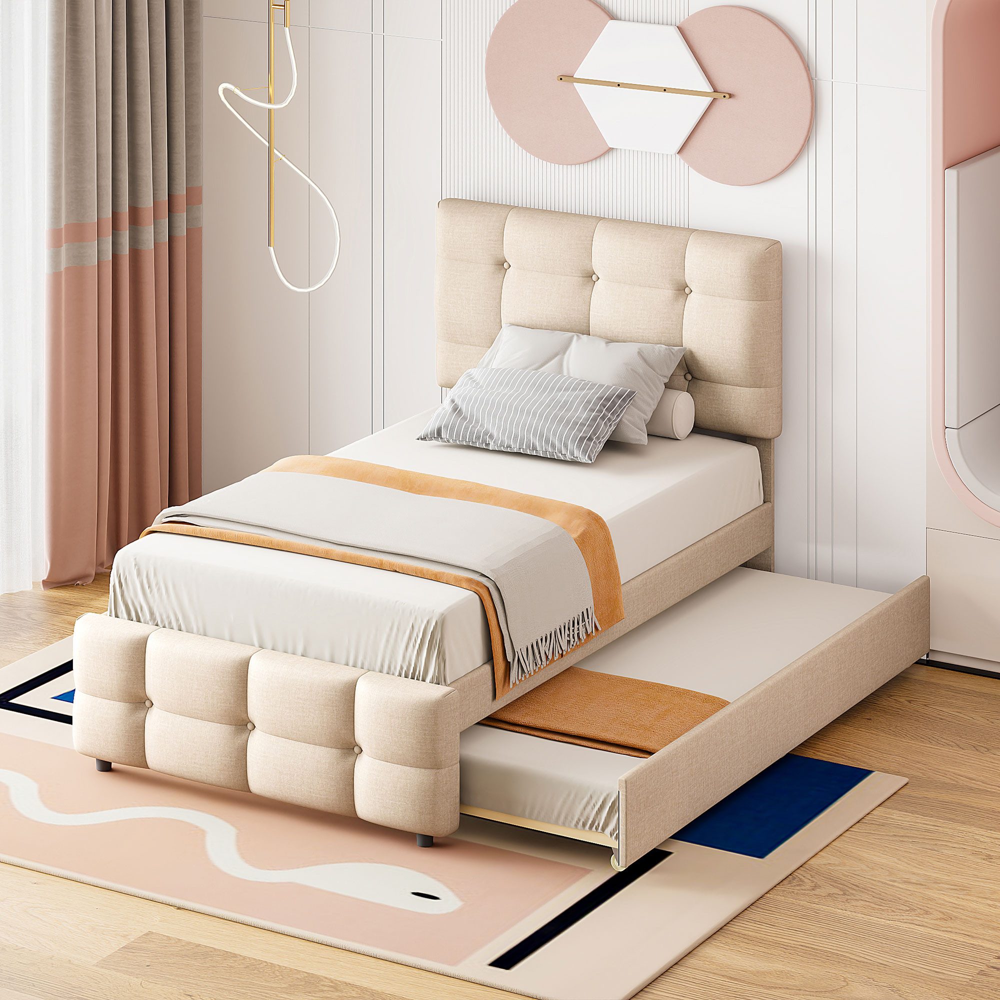 Odikalo Ausziehbett Kinderbett Jugendbett Polsterbett Kopfteil Leinen 90x200cm Beige/Grau