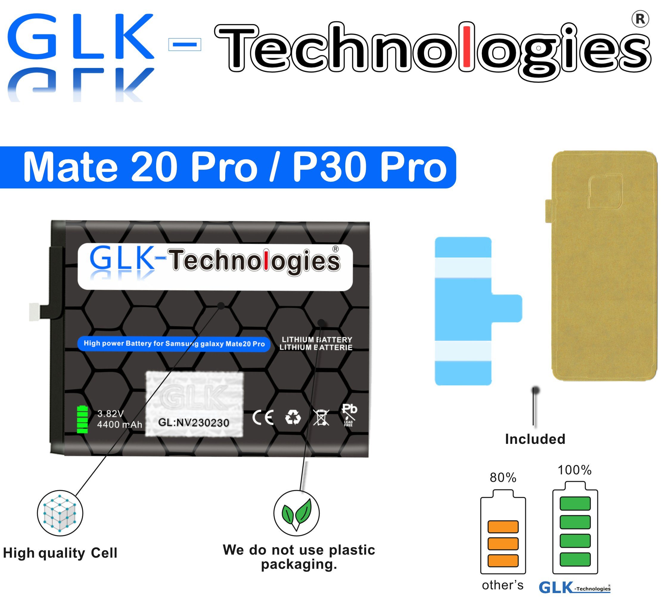 GLK-Technologies GLK für Set Handy-Akku PRO Mate / Akku 20 Ohne HB486486ECW P30 Huawei PRO