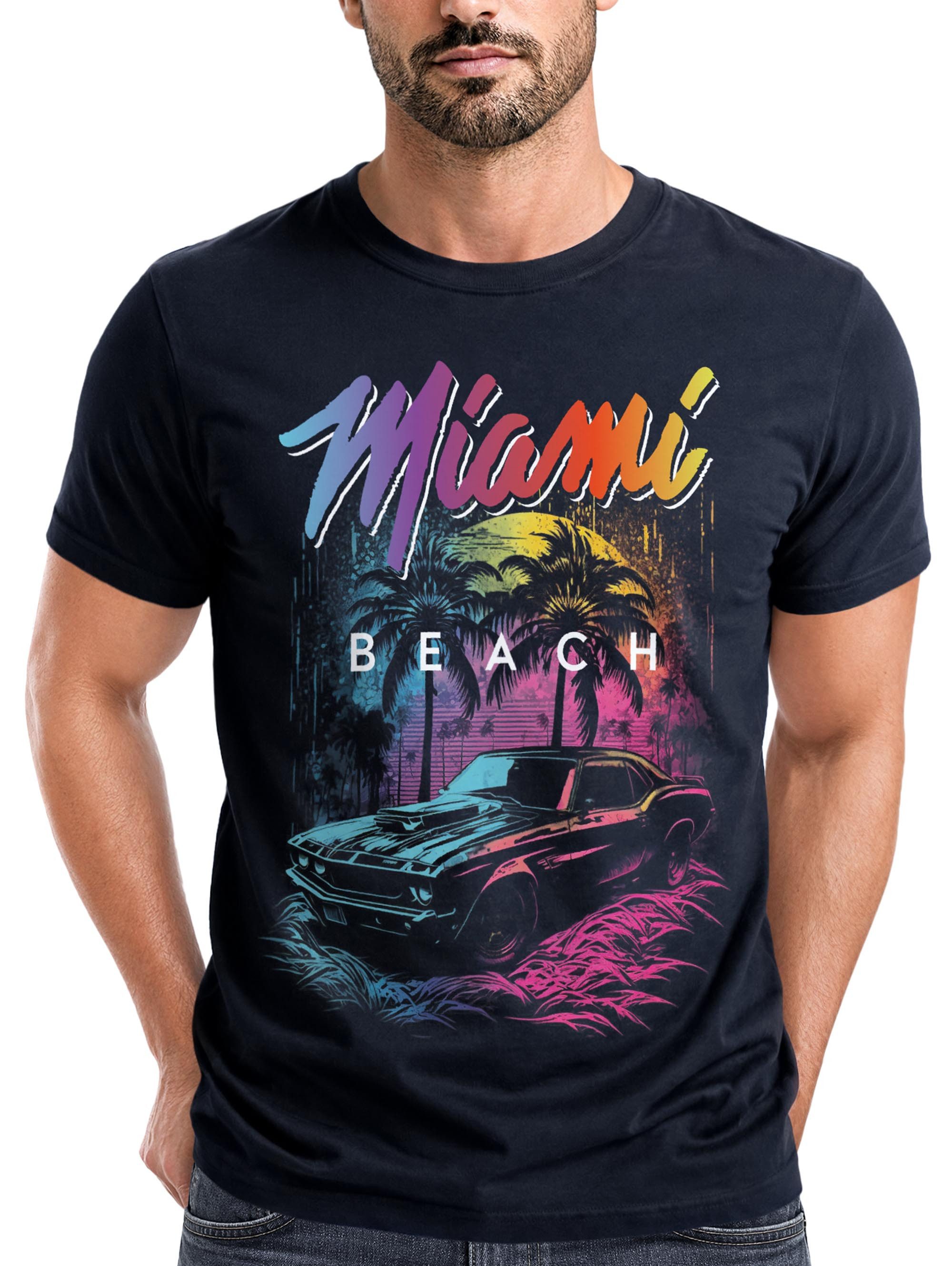 Neverless Print-Shirt Herren T-Shirt Miami Beach USA Oldtimer Car Palmen Print Fashion mit Print