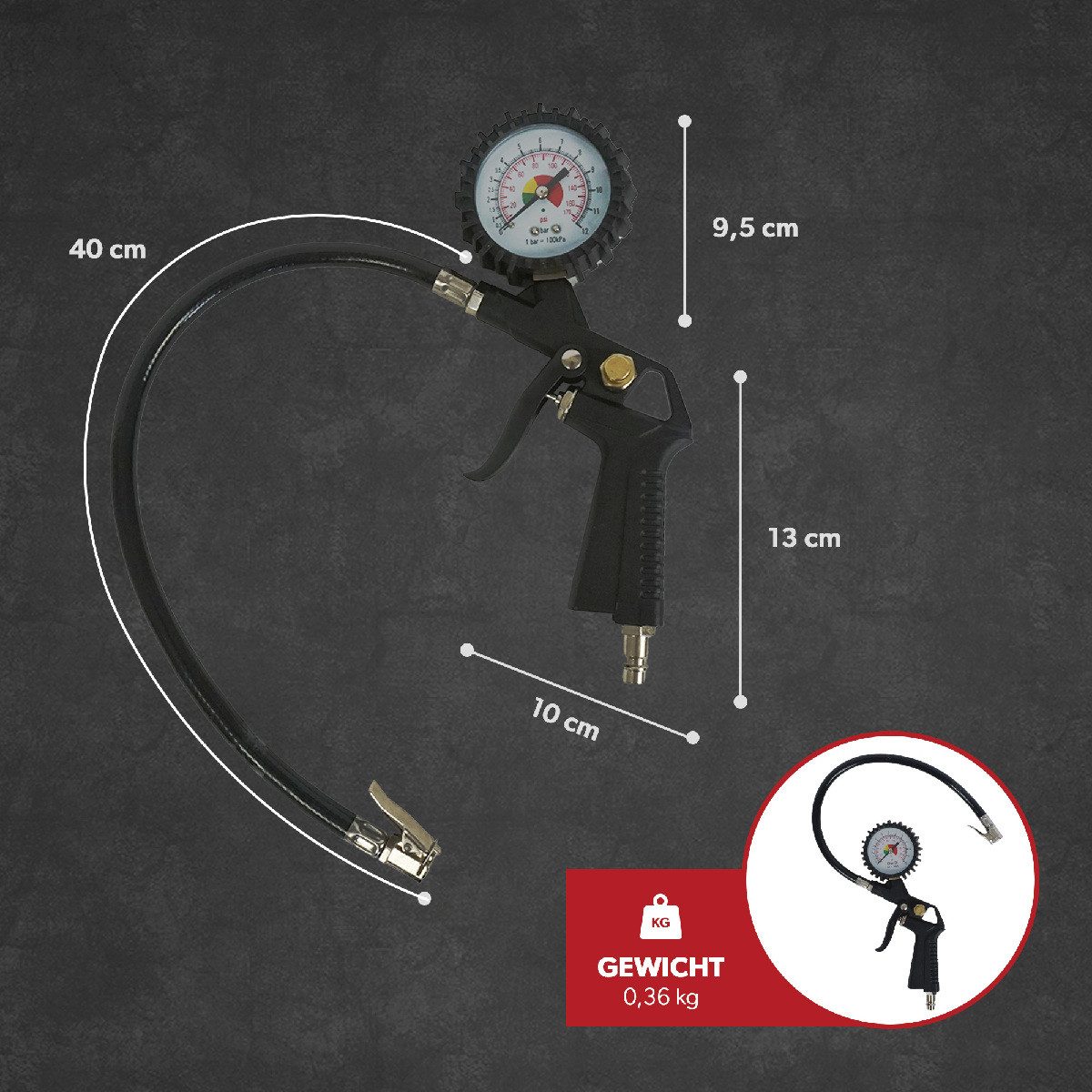 siwitec Reifenfüllmessgerät Reifenfüller Druckluft 4 Adapter Reifenfüllgerät Messgerät 12 Bar, Set, Max. 12 bar, leichte Handhabe, mit Daumen bedienbares Ablassventil
