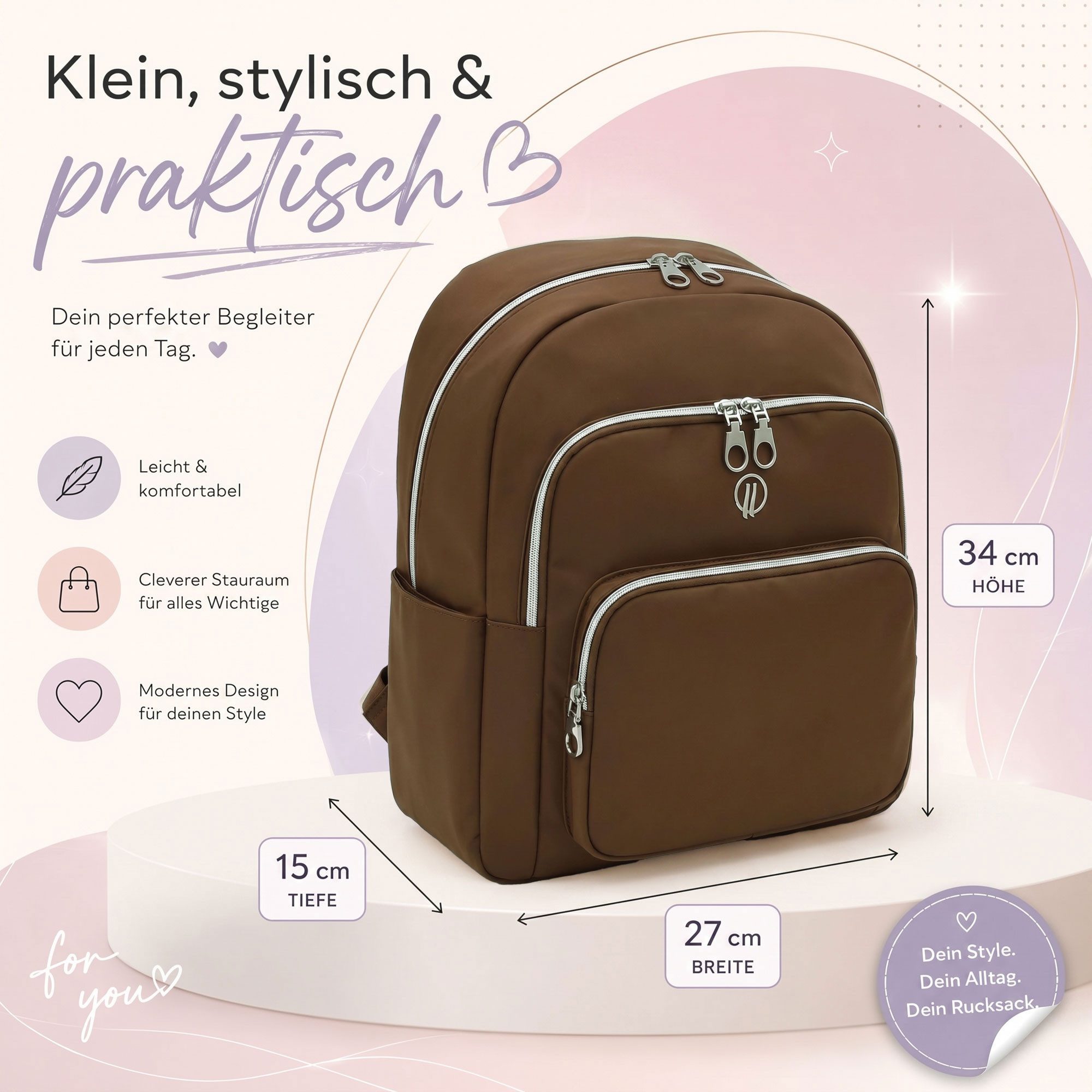 HELLSER Cityrucksack Damen klein – stylischer Damen Rucksack 34x27x15cm wasserabweisend, für Freizeit, Uni, Schule, Büro - Koffergurt & versteckte Tasche – Bild 4 von 5