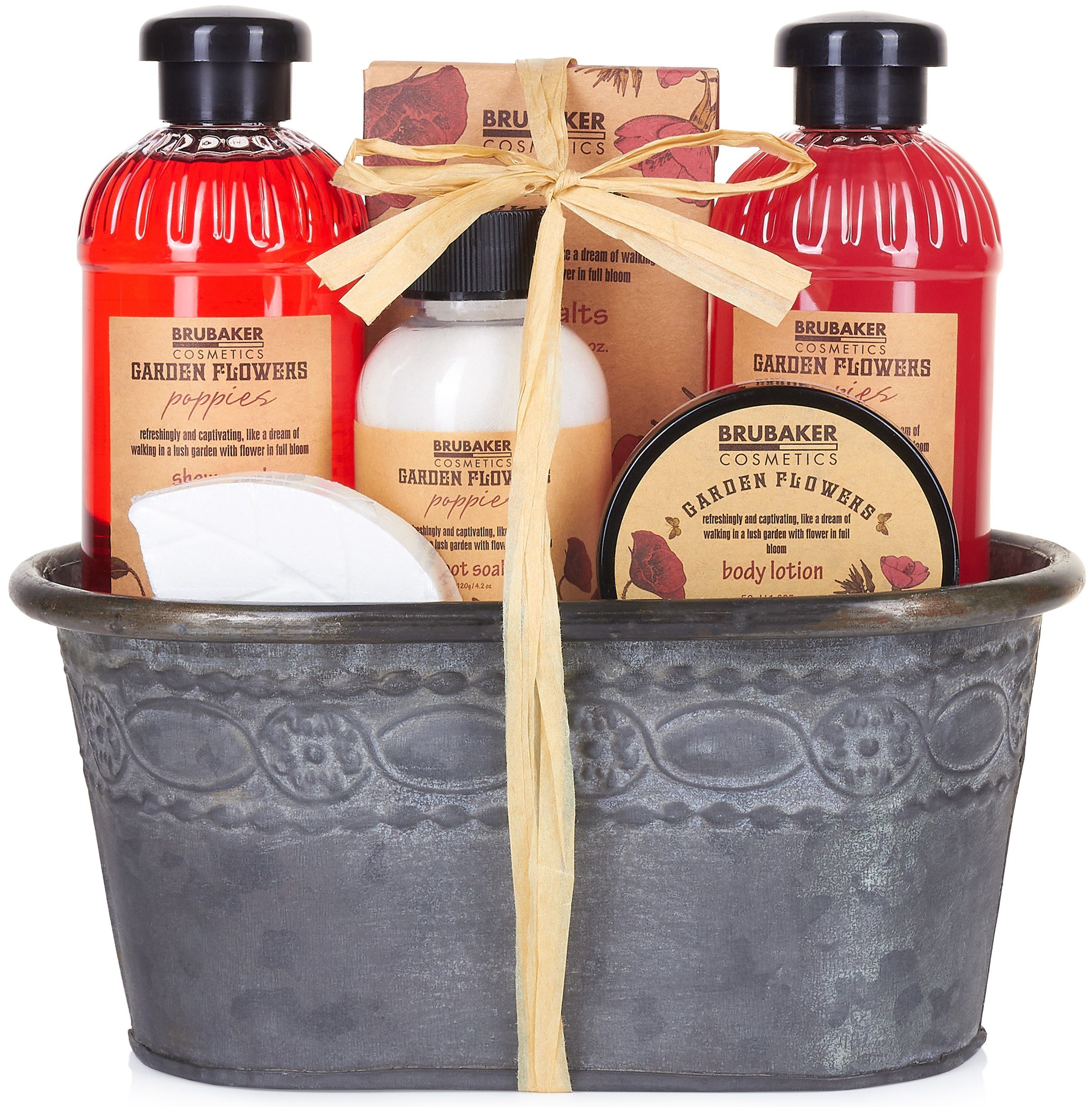 BRUBAKER Pflege-Geschenkset Dusch- und Badeset mit Mohnblumen Duft - Wellness Pflegeset für Damen, 7-tlg., Frauen Geschenkset im Vintage Pflanzkübel, Beauty
