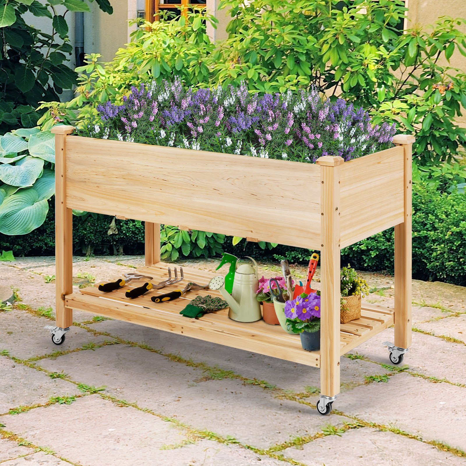 COSTWAY Hochbeet, Pflanzkasten, mit Ablage & 4 Rädern, Tannenholz, für Garten