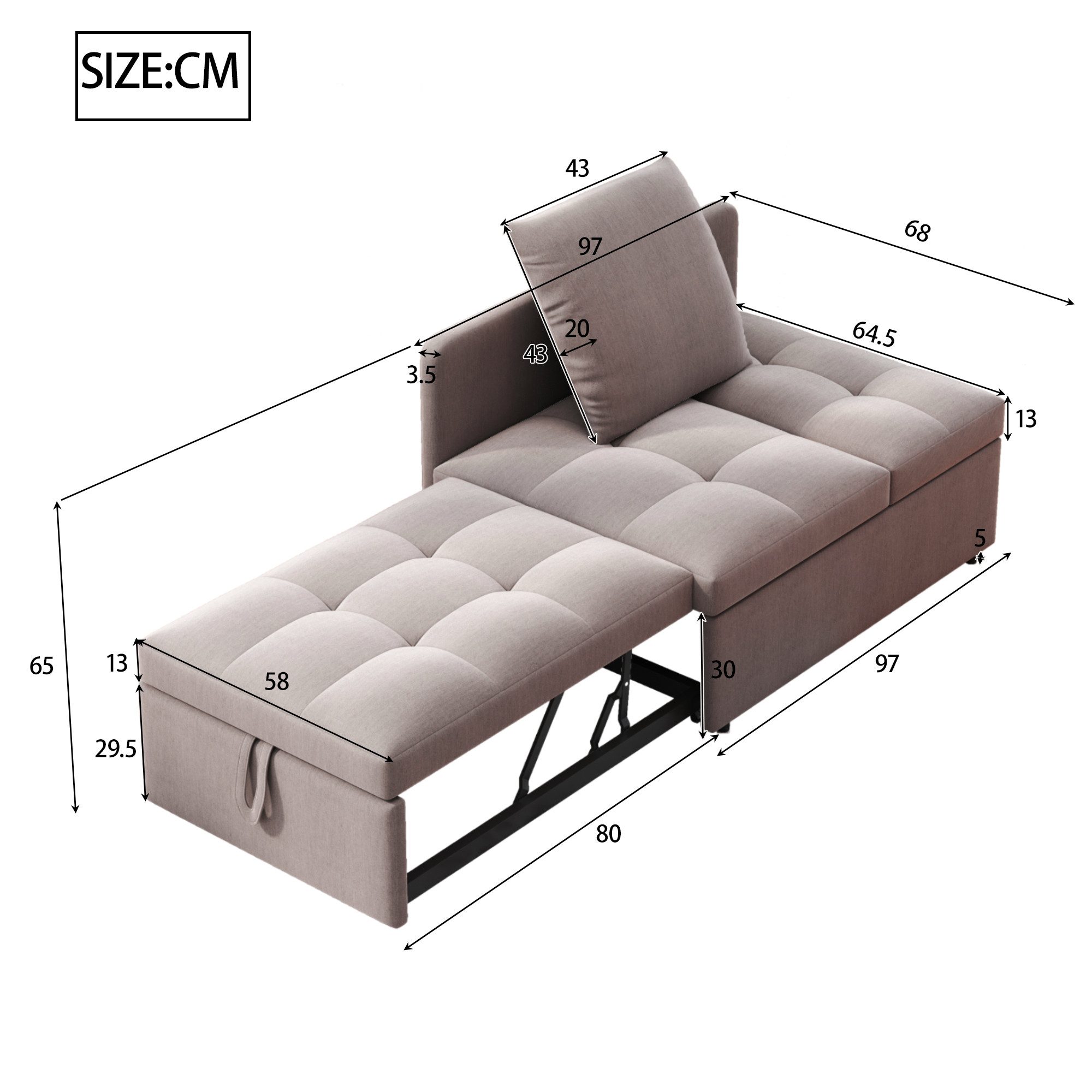 KLAM HOME Schlafsofa Polsterbett Schlafsofa 3 in 1 Multifunktions-Schlafsofa, Leinenstoffsofa mit verstellbarer Rückenlehne, für kleine Räume – Bild 4 von 5
