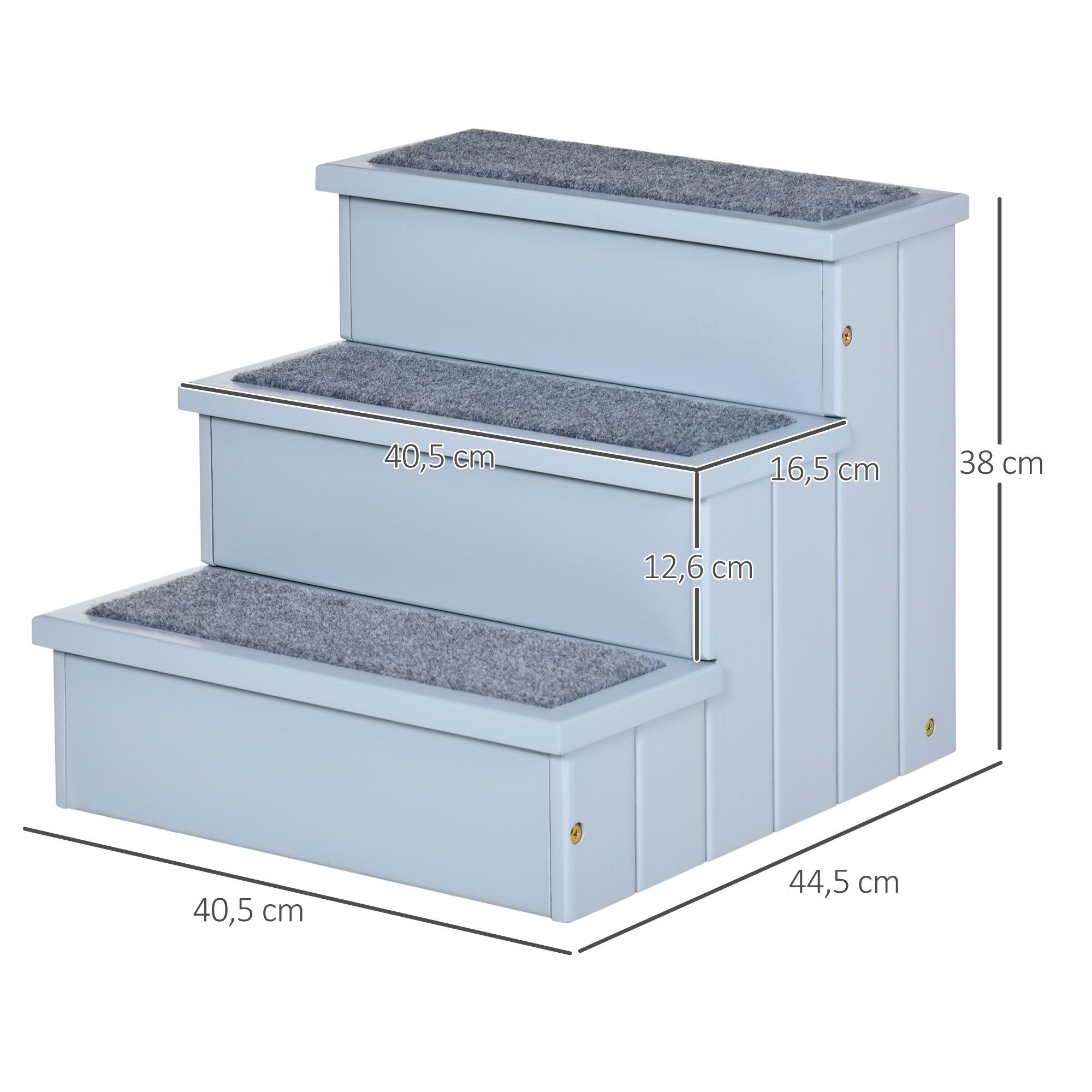 PawHut Haustiertreppe 3 Stufen Tiertreppe Katzentreppe Hundetreppe (Haustierleiter, 1-St., Einstiegshilfe mit Teppich), Tannenholz Grau 40,5 x 44,5 x 38 cm