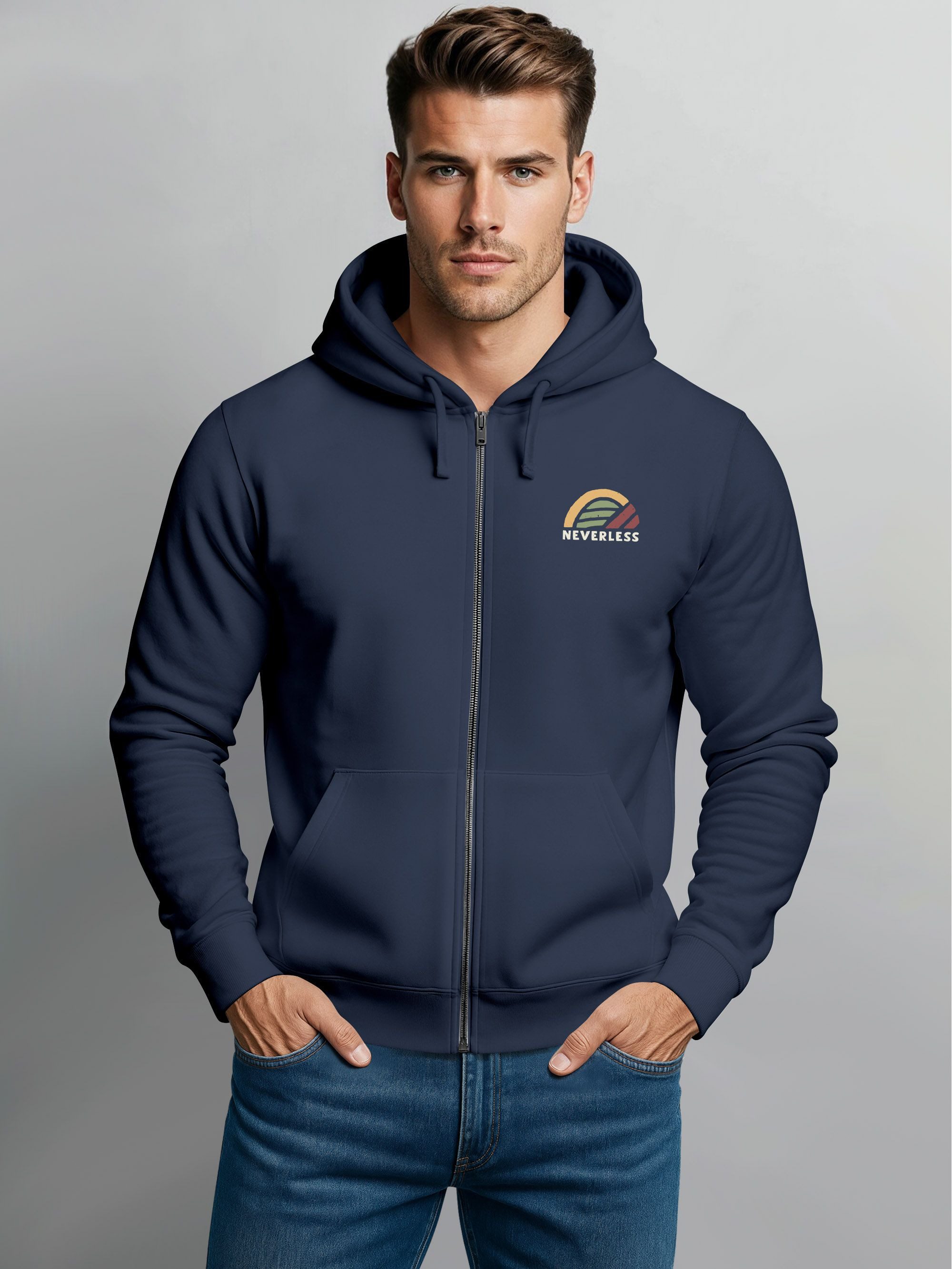 Neverless Sweatjacke Herren Sweatjacke Backprint Adventure Zip Hoodie Männer Casual