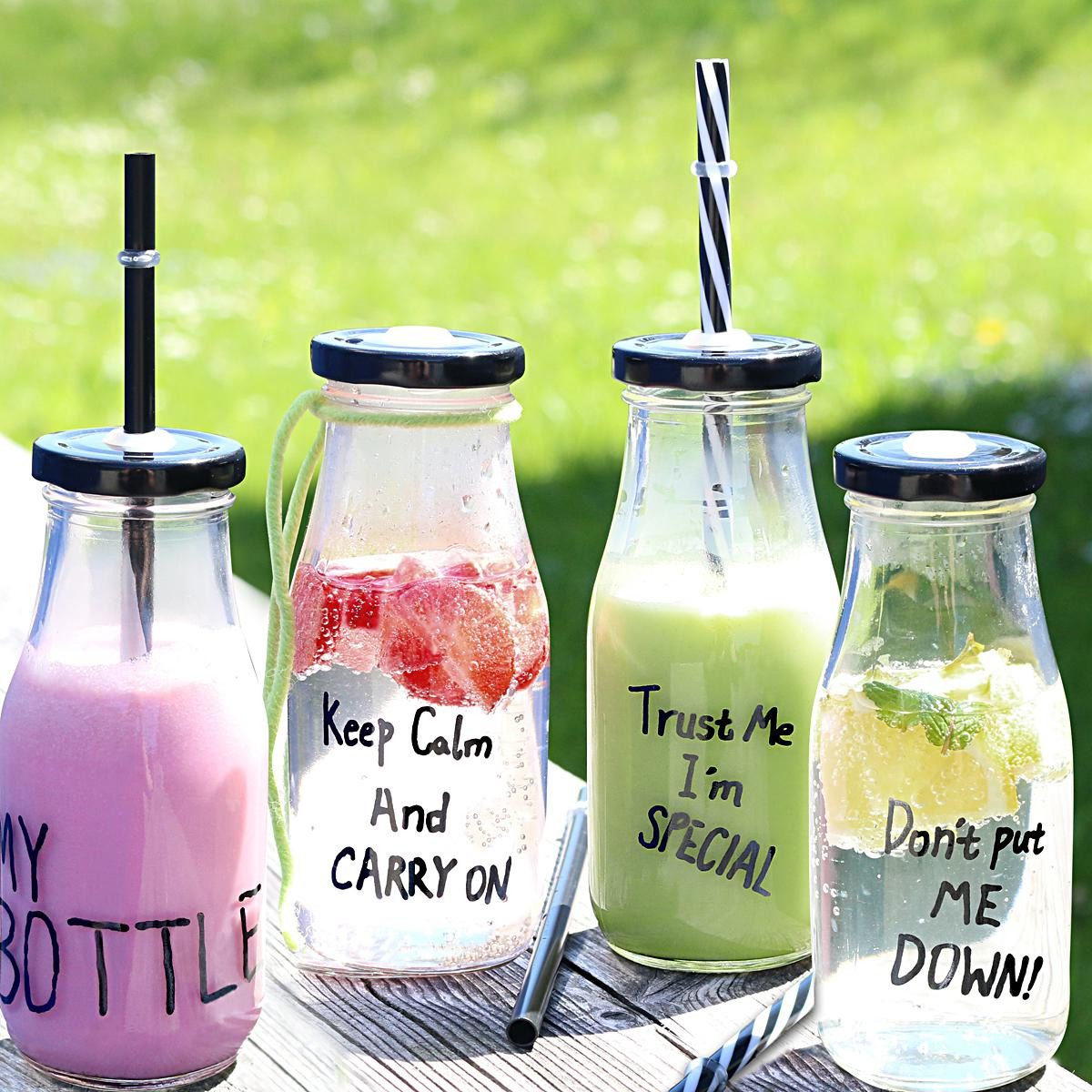 Z-One Trinkflasche 440s Glas Trinkflaschen 4er Set mit Verschluß und Trinkhalm – Bild 3 von 4
