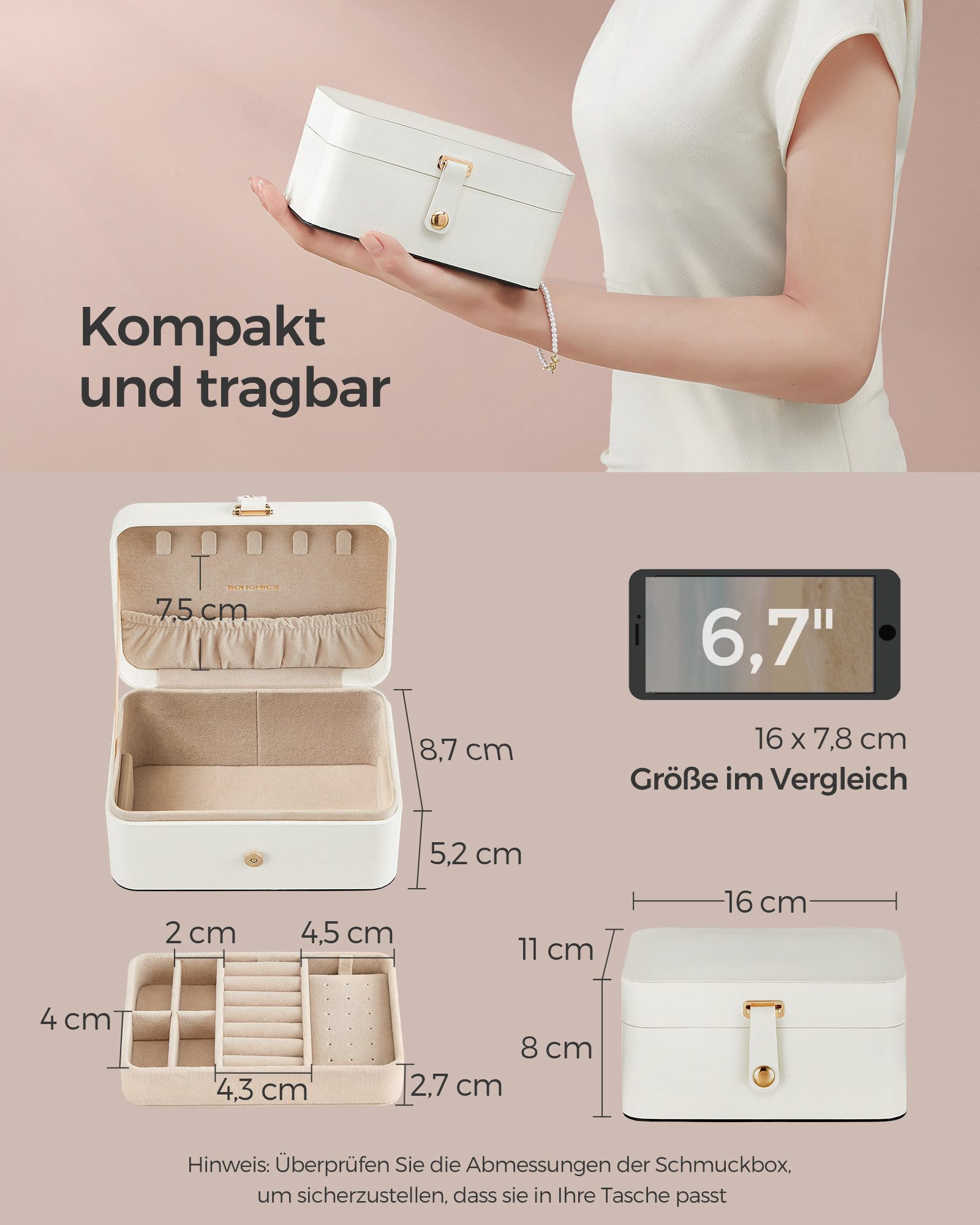 SONGMICS Schmuckkasten Schmuckkästchen Reise, Schmuckaufbewahrung, für größere Accessoires, 2 Ebenen, tragbar, Schmuck-Reiseetui, Geschenkidee, wolkenweiß