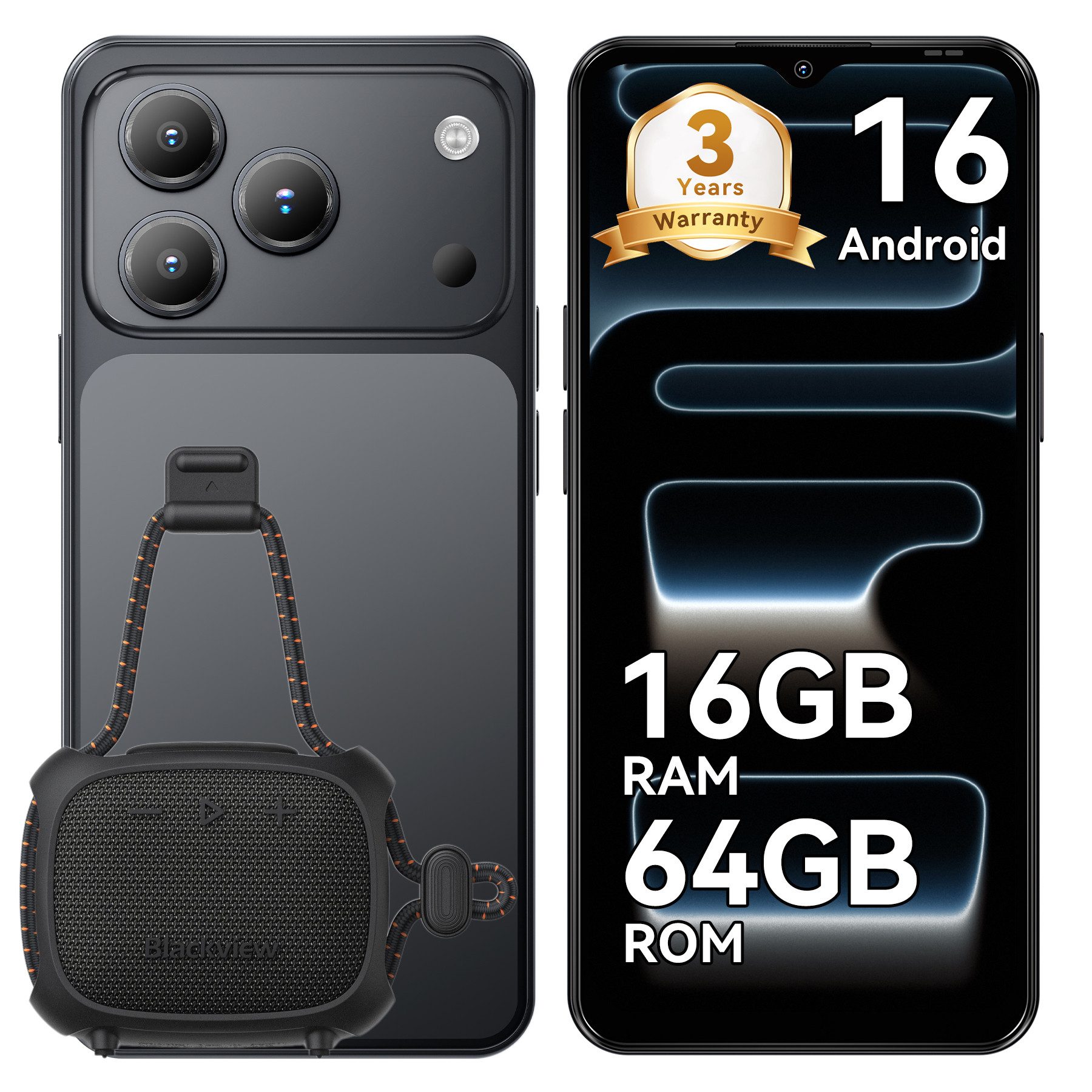blackview WAVE 7C (16+64/128GB) 60HZ 5000mAh und Bluetooth-Lautsprecher Smartphone (6.56 Zoll, 64 GB Speicherplatz, 32 MP Kamera, 4G Dual SIM/Face ID/IP54/GPS/3 Jahre Garantie)