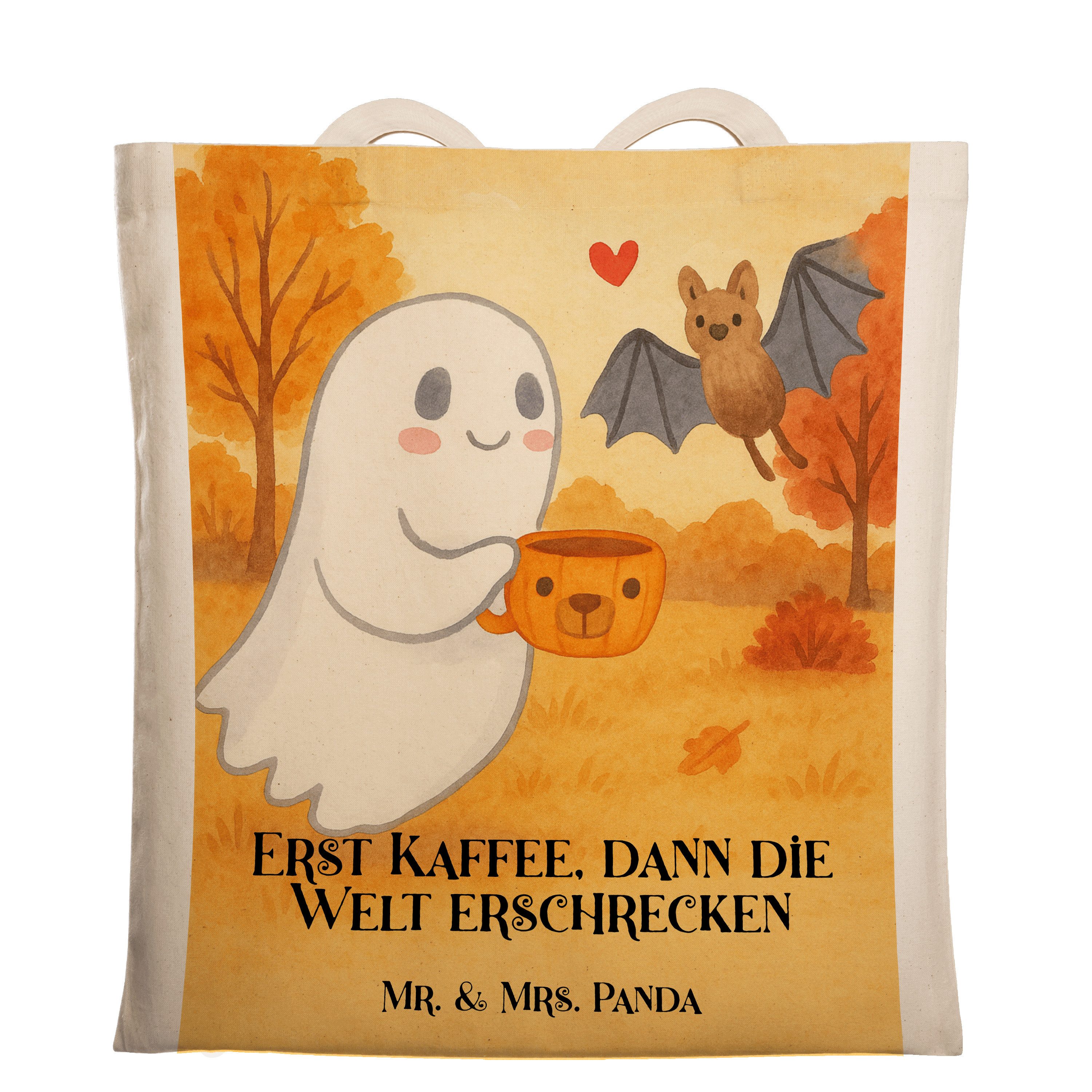 Mr. & Mrs. Panda Tragetasche Gespenst Kaffee Design, Tote Bag, Weiß, Büchertasche, Stoffbeutel, La (Packung), einkaufstasche baumwolle Stoff-Tragetasche Beutel