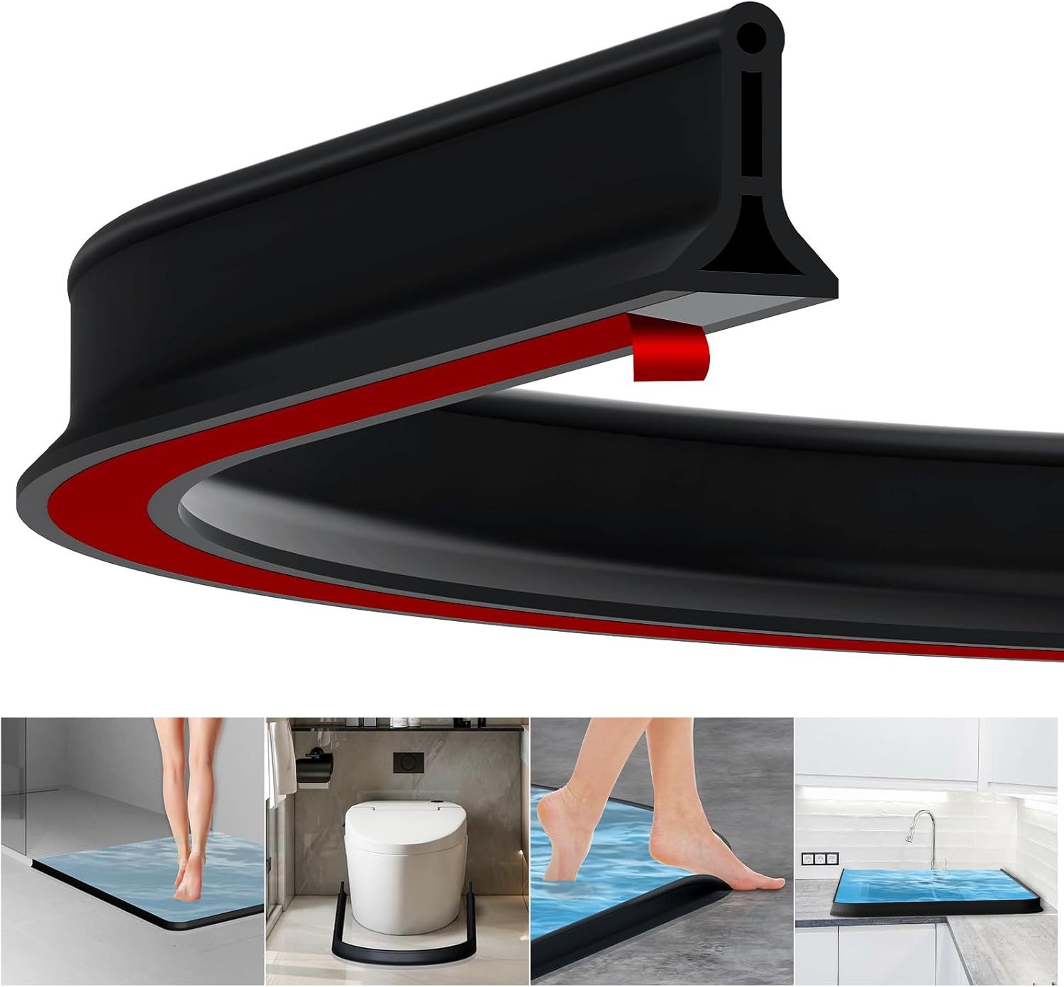 Auledio Duschdichtung 2m selbstklebender Spritzschutzstreifen, Gummi-Duschdichtungsstreifen, L: 200 cm, 3.5 cm hoher Badezimmer Duschkabine wasserdichter Streifen