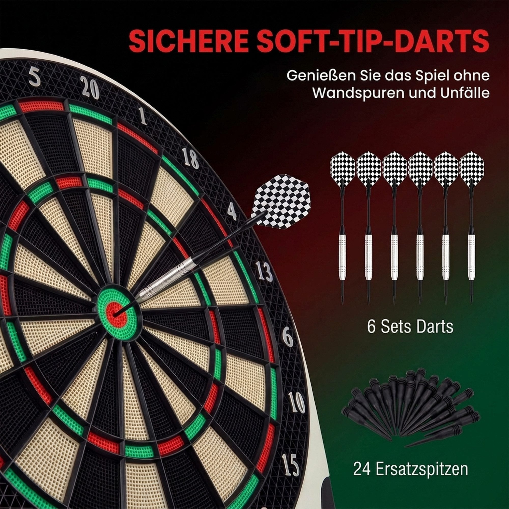 HOMCOM Dartscheibe Elektronische mit Sprachansagen LED-Anzeigen 6 Darts 24 Dartköpfe, (Dartspiel, 1-tlg., Dartboard), Schwarz+Weiß 44 x 50 x 3,2 cm – Bild 5 von 5