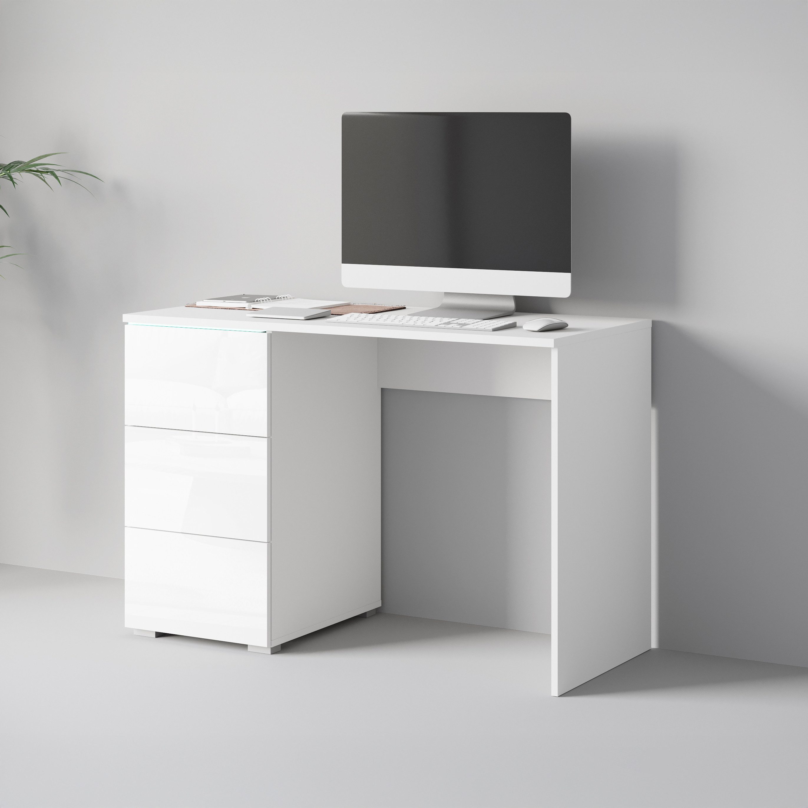 INOSIGN Schreibtisch Vera, Computertisch mit LED-Beleuchtung (1-St), Moderner Schreibtisch, Push-to-Open, 3 Schubladen, B 110 oder 150 cm