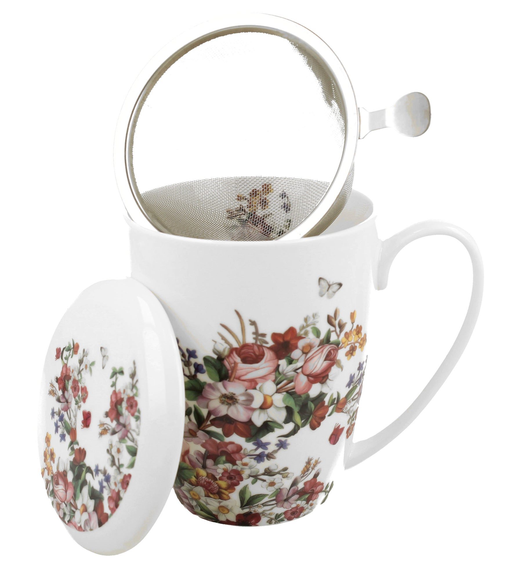 Duo-Gift Tasse Duo Tasse Vintage Flowers weiß mit Teesieb 320 ml, Duo Tasse Vintage Flowers weiß mit Teesieb 320 ml