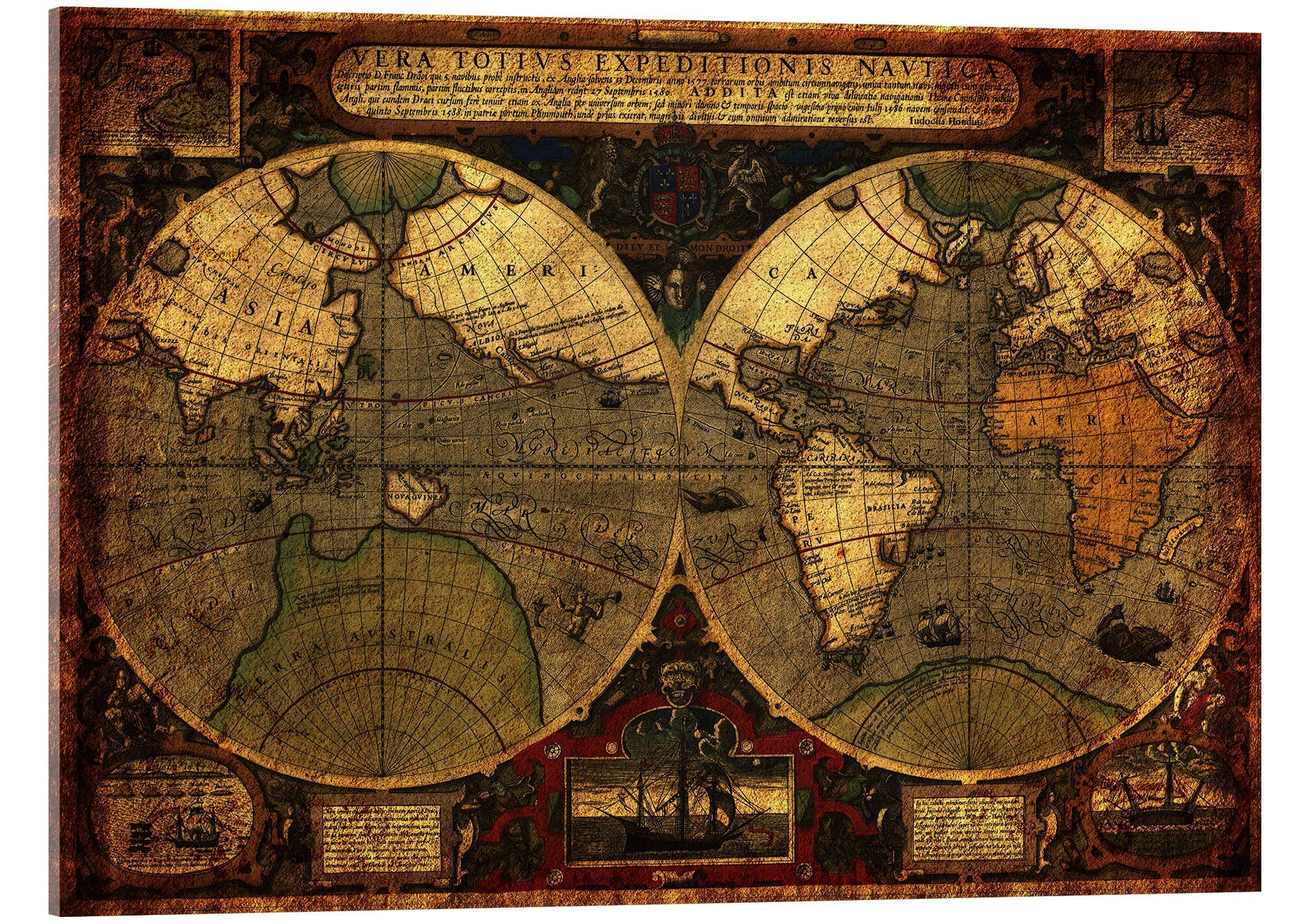 Posterlounge Acrylglasbild Michaels Antike Weltkarten, Welt 1595, Wohnzimmer Illustration