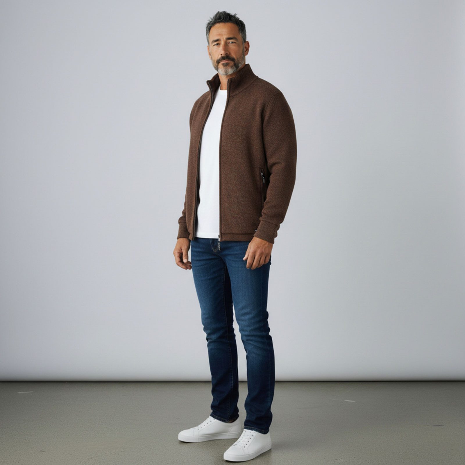 River Creek Strickjacke 62486 Herren Strickjacke mit Stehkragen & Teddyfutter - Jacke Melange-Optik