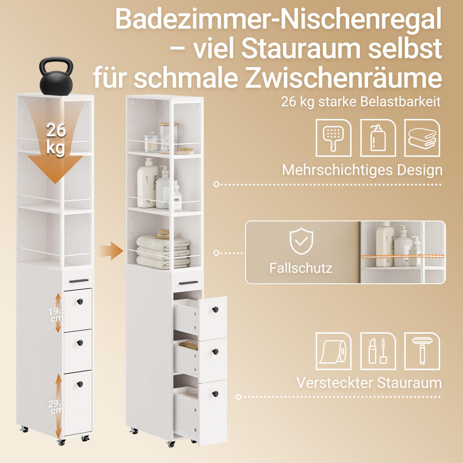 SoBuy Hochschrank NSR13, Küchenwagen, Badrollwagen, Badezimmerregal, Schmales Regal Nischenregal mit 3 Schubladen Küchenregal Nischenwagen Rollwagen