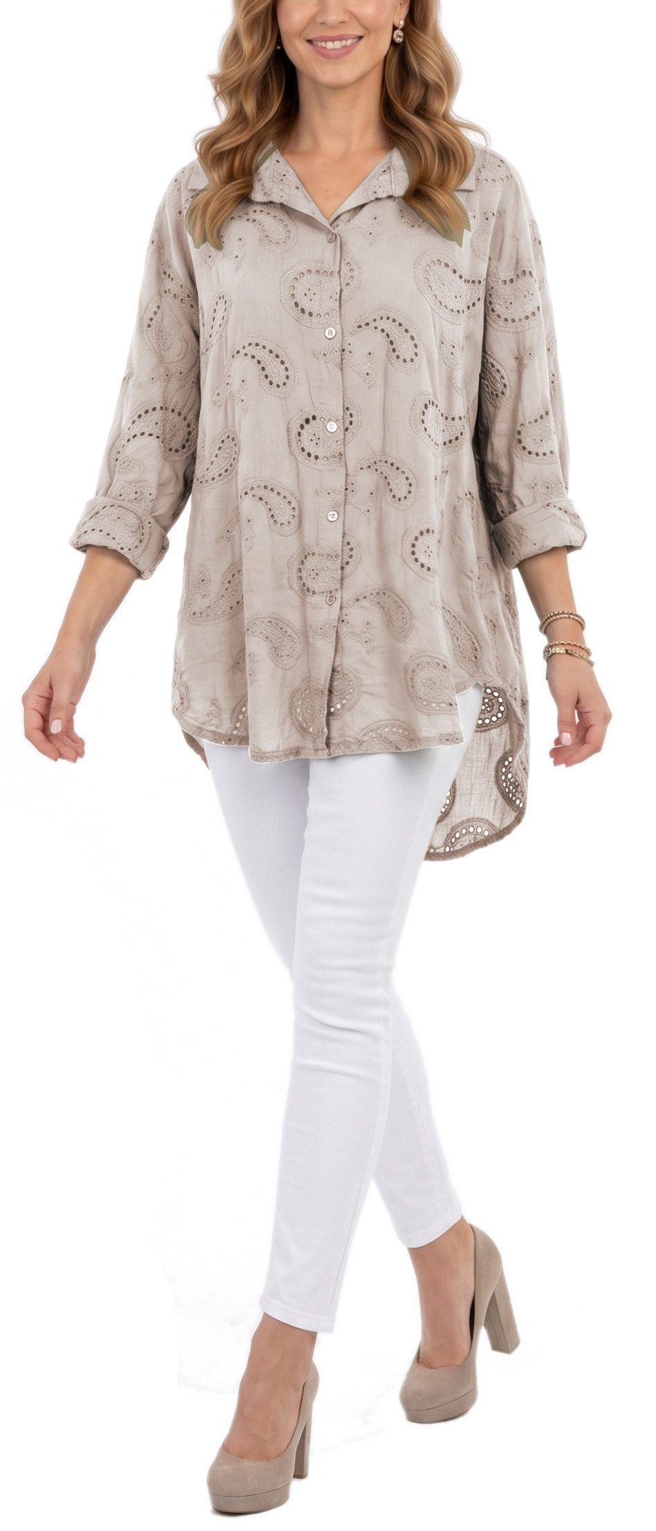 dy_mode Longbluse Damen Longbluse Oversize Tunika Boho Baumwollbluse Sommerbluse in Unifarbe, mit Paisley Lochstickerei, in Vokuhila-Schnitt