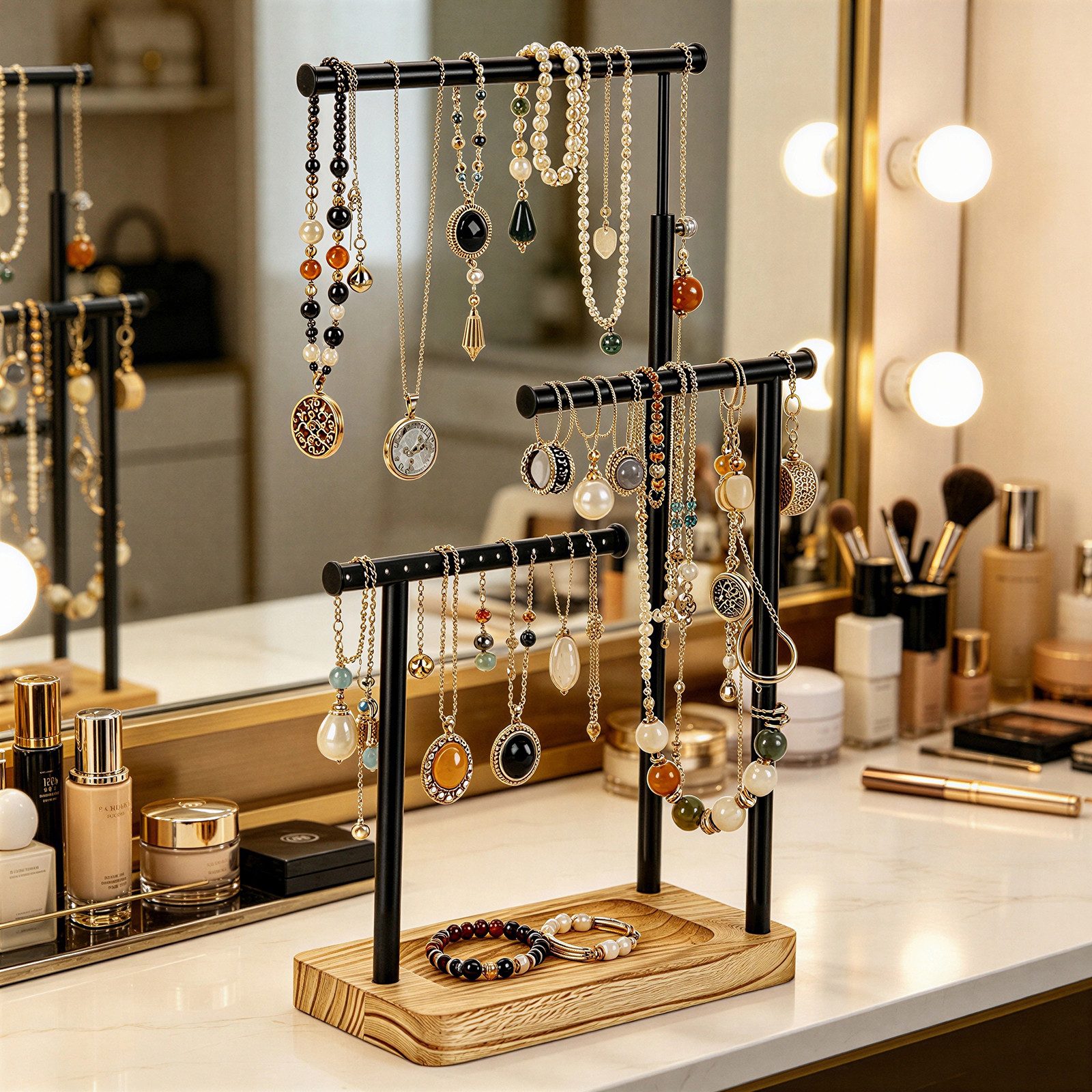 BlingBin Schmuckständer Holz Schmuckhalter Kettenhalter 3 Stäbe Drehbar (1er Set, 1 St., Ausziehbarer Halskettenhalter aus Metall mit Holzsockel), für Ohrringe, – Bild 3 von 5