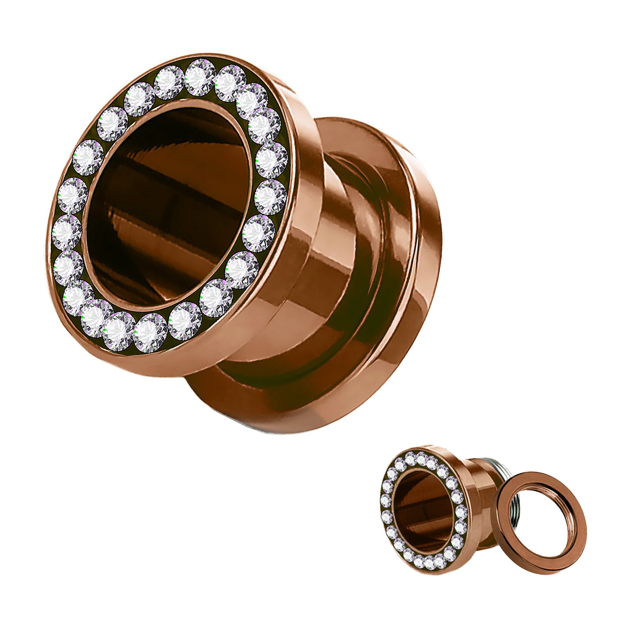 Kristallen 14mm Schraub Strass Plug Piercing Tunnel Steinen Taffstyle Ohr Coffee mit Plug Kristallen, Schraubverschluss Flesh Zirkonia