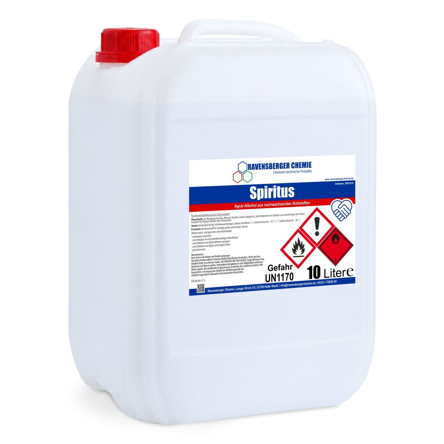 Ravensberger Chemie Brennspiritus Spiritus 10 Liter, 10 l, 10L Spiritus – Brennspiritus & Reiniger für Haushalt und Werkstatt