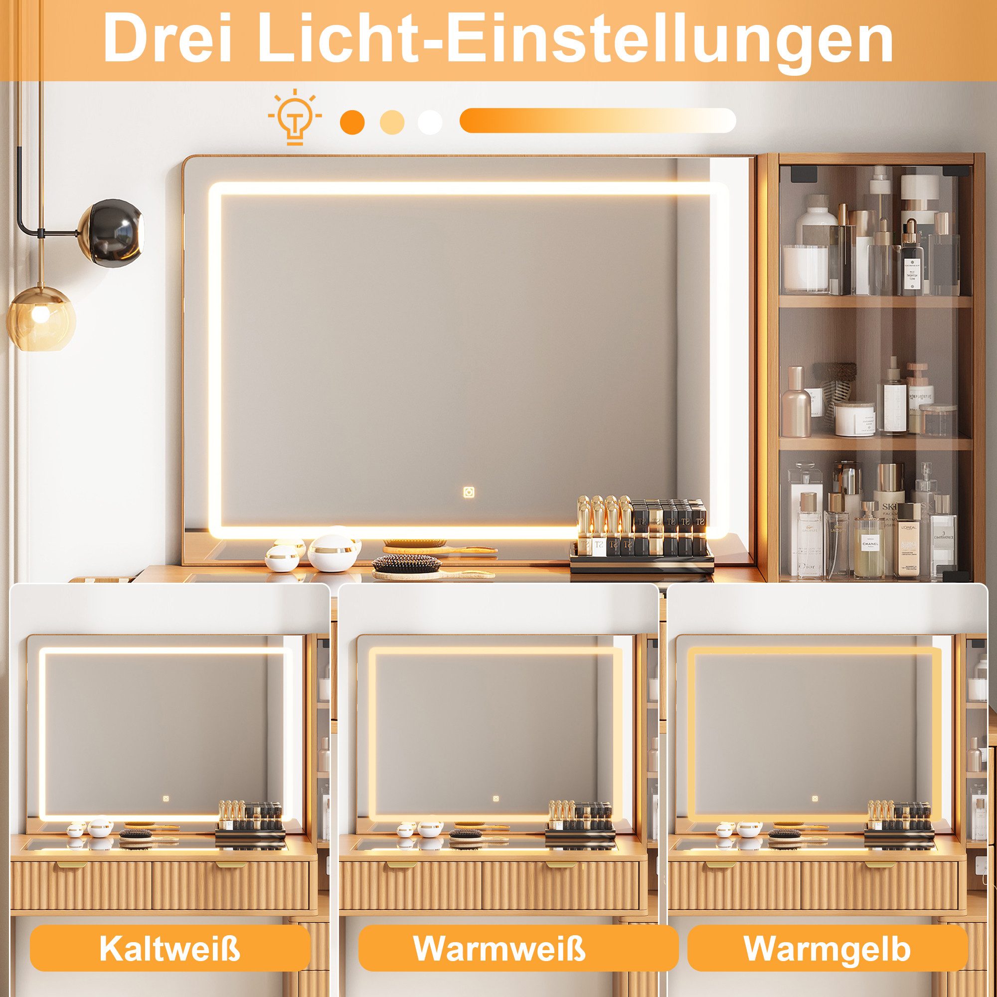 STILVORA Schminktisch Kosmetiktisch mit Spiegel Kommode mit 2 Steckdosen in Holzoptik (Französischer Stil, LED-Spiegel, Glasablage, viel Stauraum, 3 Schubladen, Schrank, USB, USB-C, dimmbares Licht), für Schlafzimmer, Ankleidezimmer, Apartment, Jugendzimmer