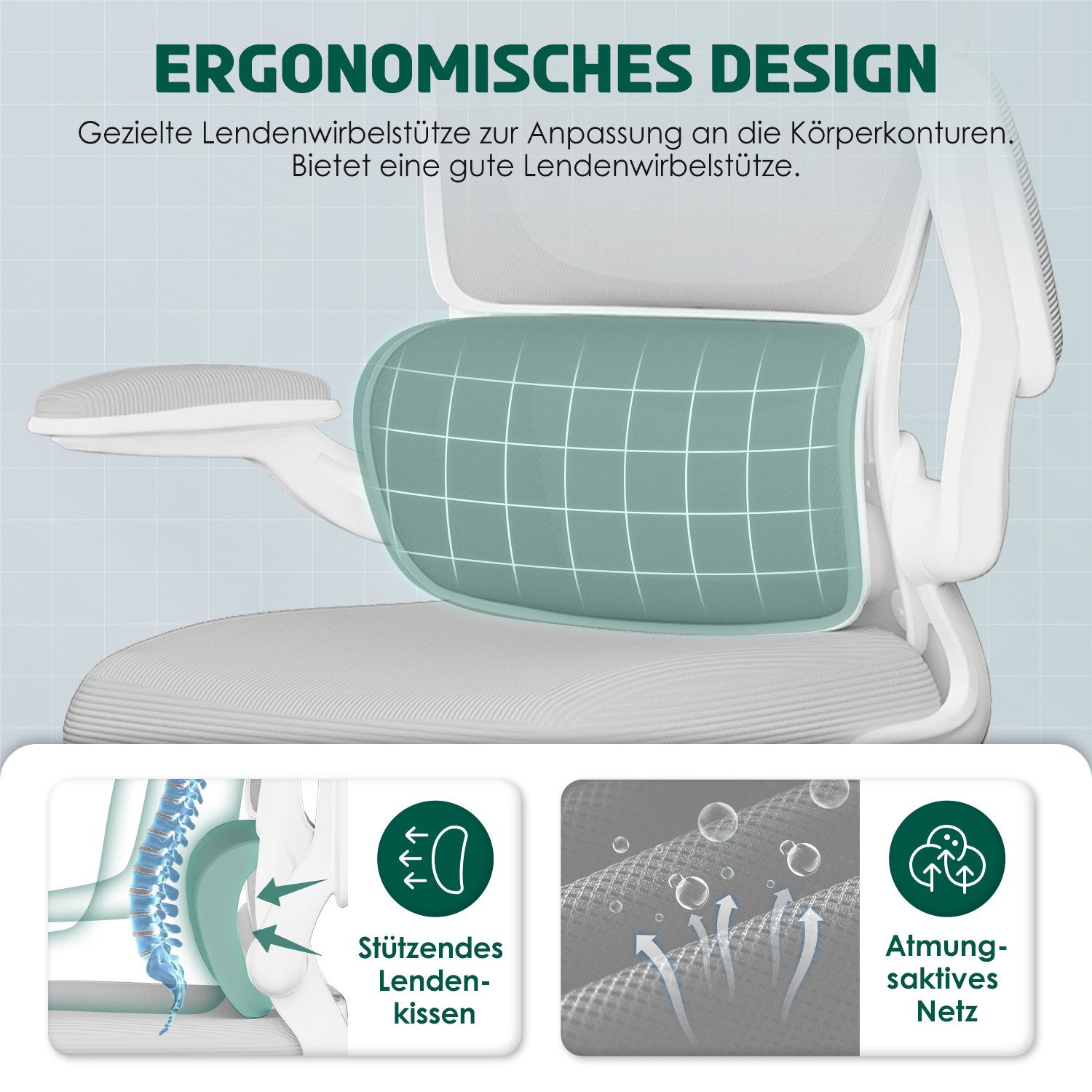 Fukstern Bürostuhl Ergonomischer Bürostuhl mit 90° klappbaren Armlehnen (Verstellbare Kopfstütze, atmungsaktiver Mesh-Bezug, Rücken- und Taillenstütze, Neigung fixierbar bei 90° (maximal kippbar bis 135), bis 150 kg belastbar