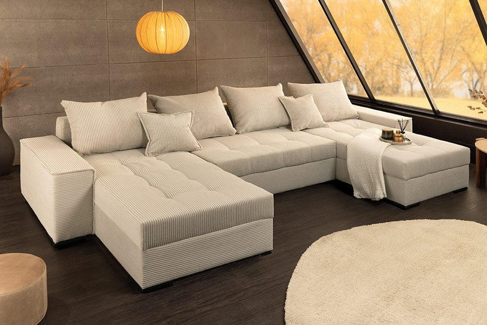 riess-ambiente Wohnlandschaft LODGE 315 cm champagner – Cord, Schlaffunktion, FSC-zertifiziert, Set 1 Teile, XXL-Sofa in U-Form mit Bettkasten & Federkern – ideal fürs Wohnzimmer