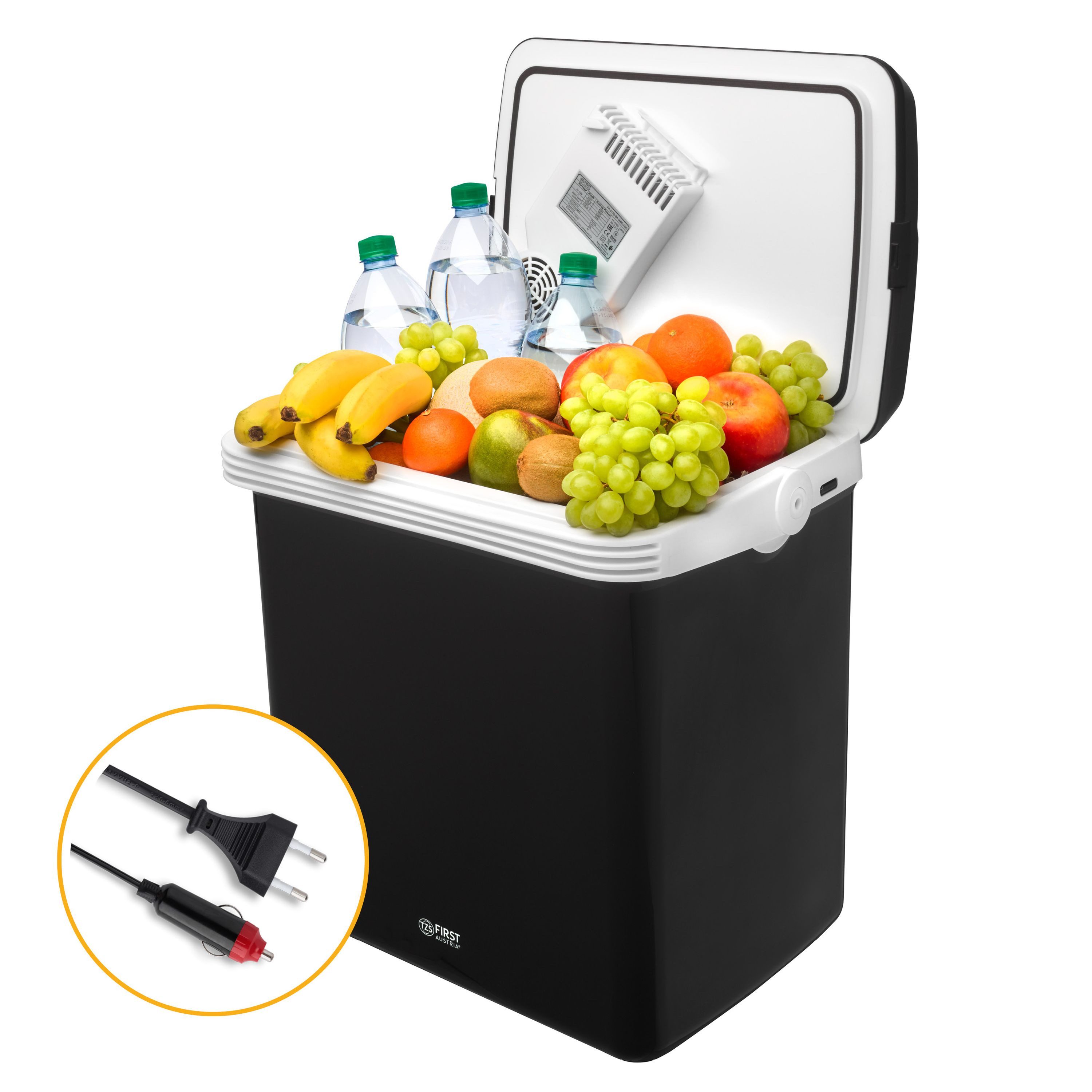 TZS FIRST AUSTRIA Elektrische Kühlbox 32L, Mini-Kühlschrank, 12V /230V Anschluss, 12-V-Stecker fürs Auto, für Camping, Festivals, Reisen, mit Kühl- und Warmhaltefunktion