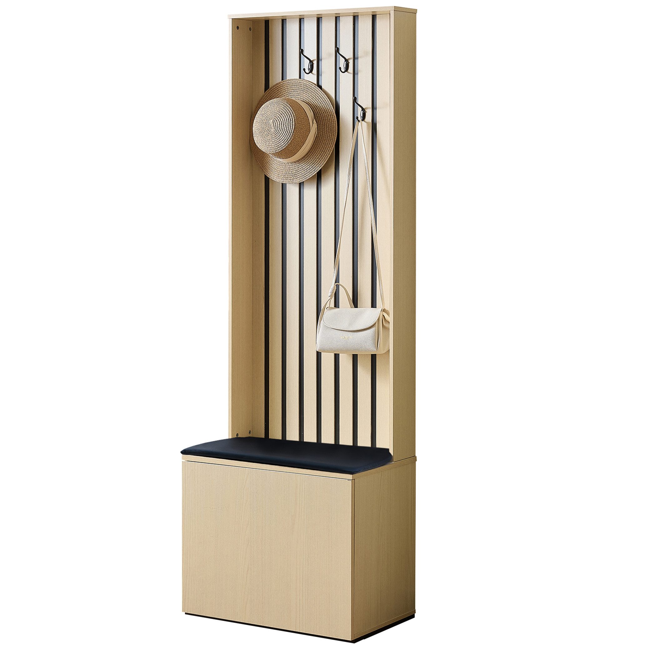 SeedWave Garderoben-Set Moderner Gardenoben-Set mit Gepolstertem Sitz, Spiegel, Stauraum, Garderobenpaneel inkl. 4 Doppelhaken