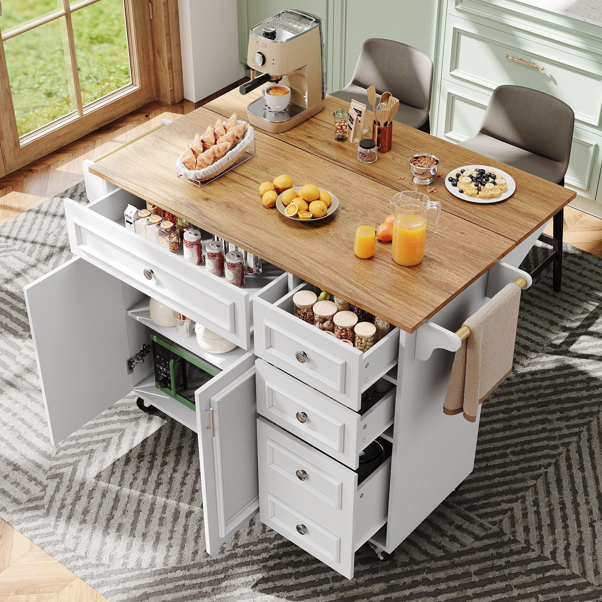 Küchenwagen Kücheninsel(110×45-75×92cm), Buffetschrank mit klappbare Tischplatte
