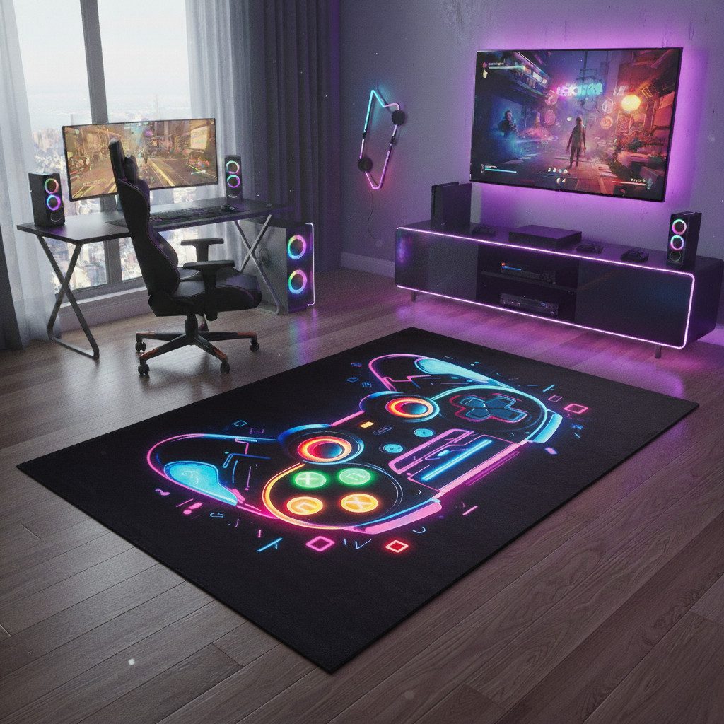 Tapiso Kinderteppich COSMO GAME, rechteckig, Höhe: 7 mm, Rutschfester Kinder- und Gamer-Teppich mit buntem Design