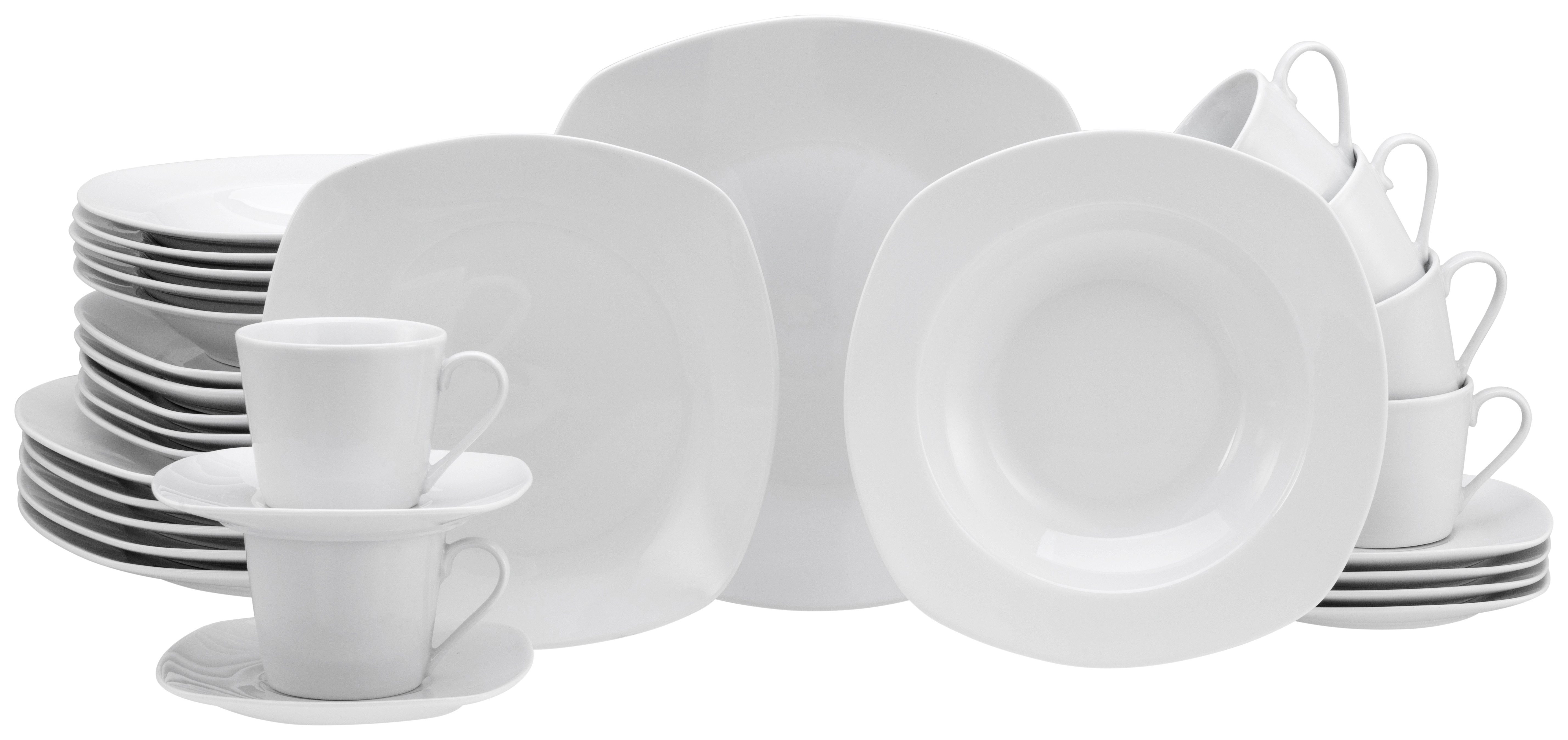 CreaTable Kombiservice Geschirr-Set Amelie (30-tlg), 6 Personen, Porzellan, Service, weiß, quadratische Form, 30 Teile, für 6 Personen