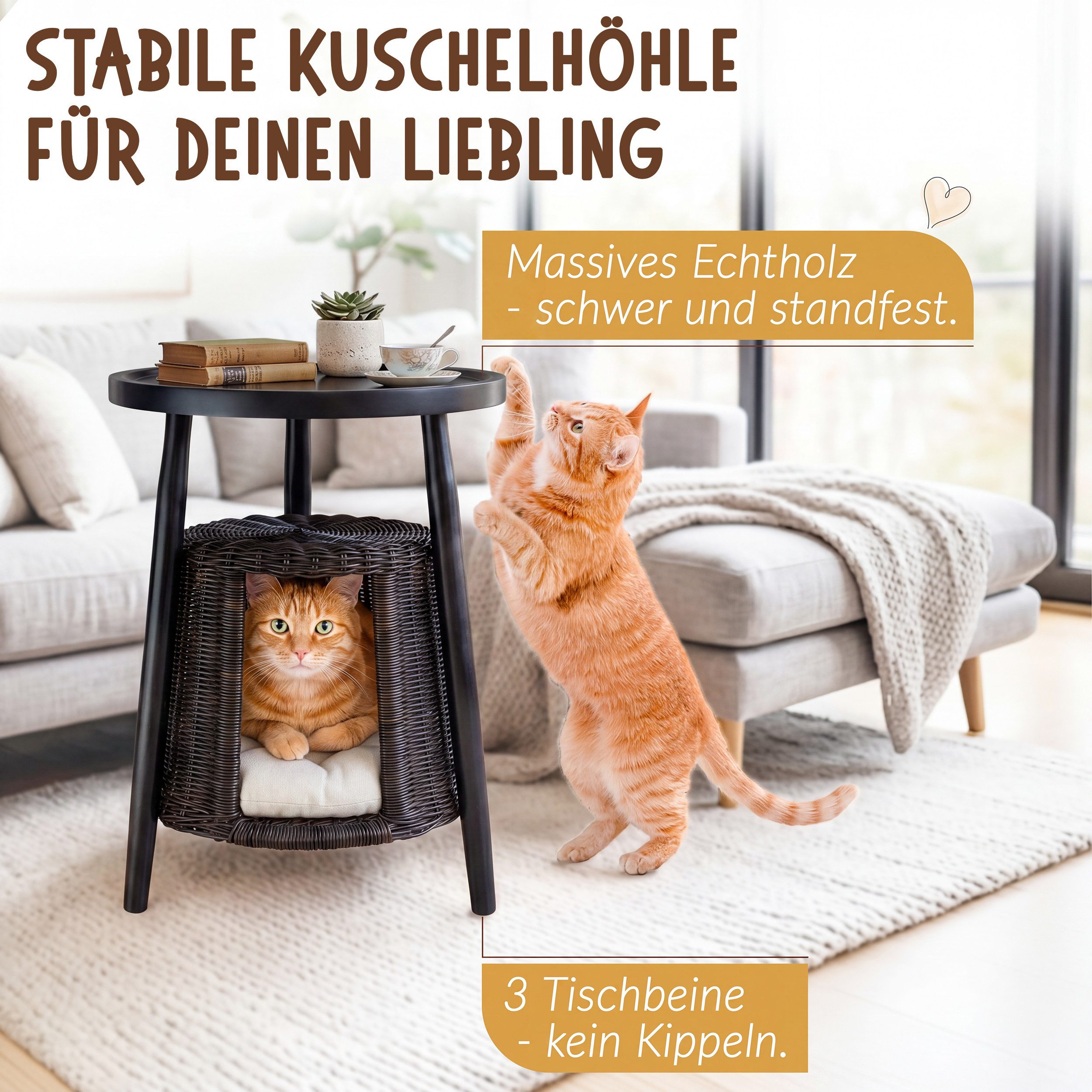 Petigi Tierhaus Couchtisch mit Katzenhöhle Beistelltisch Katzentisch Holz Rattan