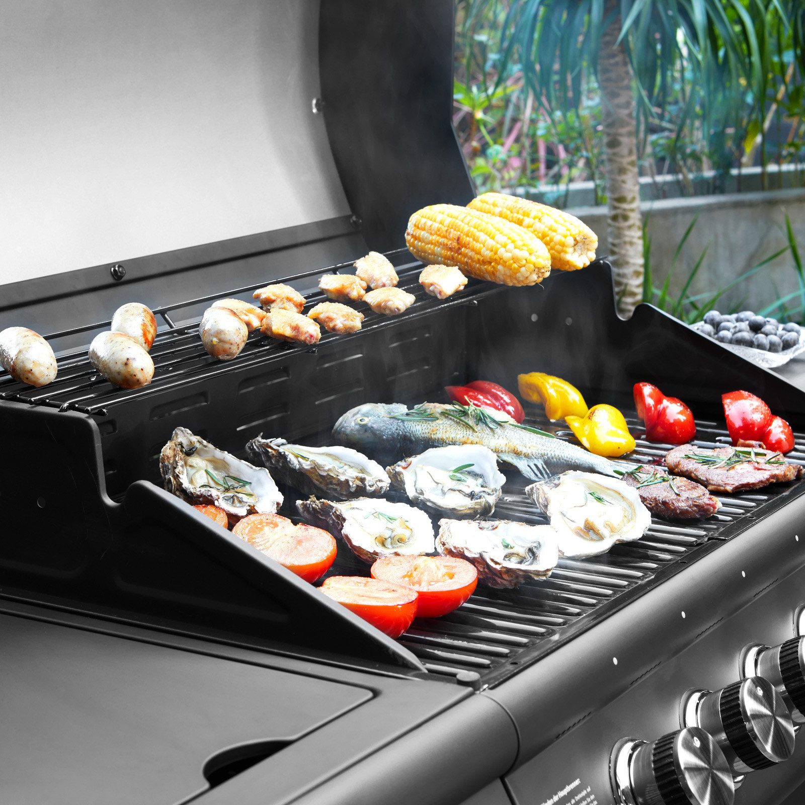 TAINO Gasgrill RED 6+1, Gasgrill-Set mit Abdeckhaube und Gasdruckminderer inkl. Schlauch, Standgrill, Seitenbrenner, Abdeckhaube, Gasdruckminderer mit Schlauch