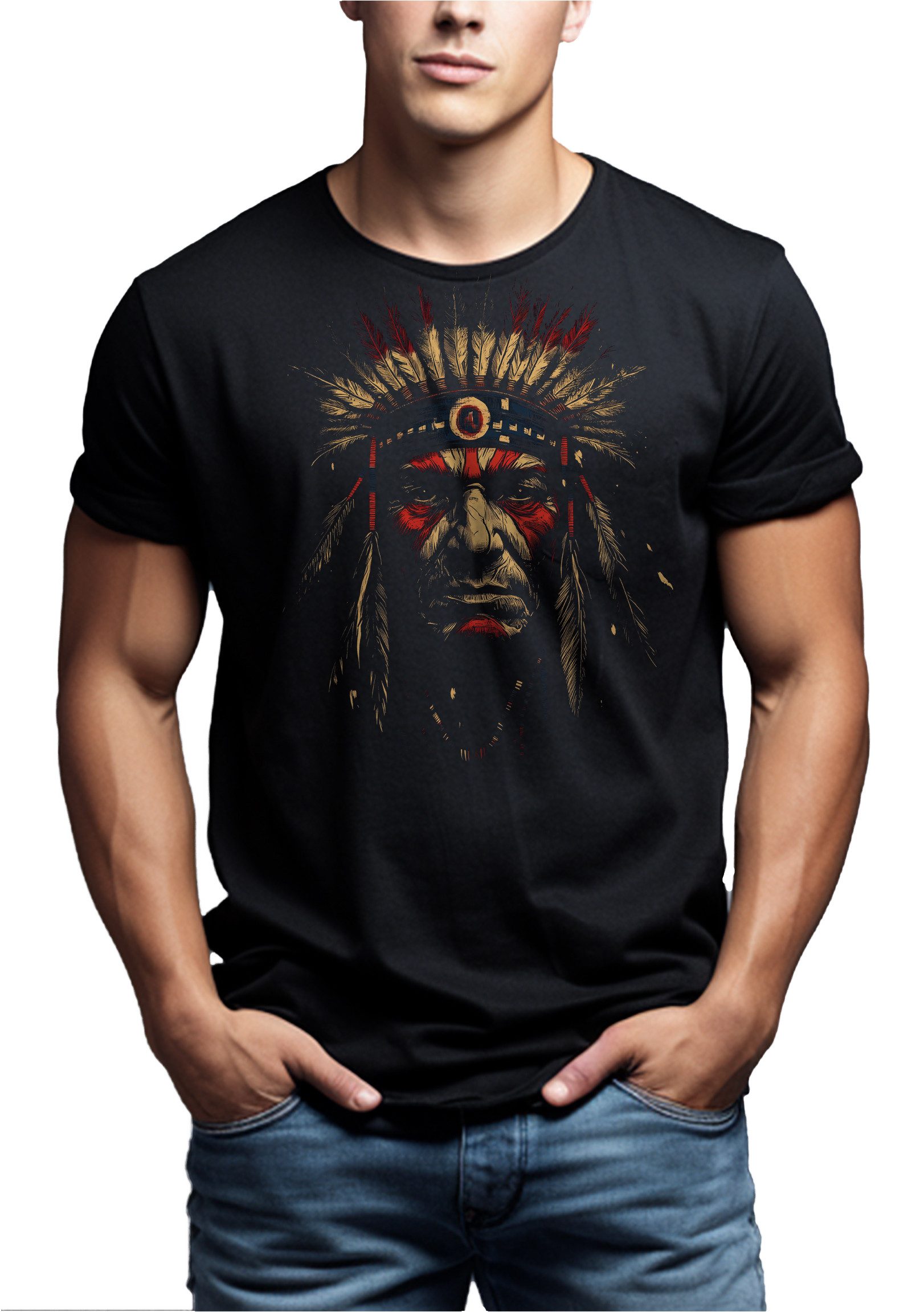 MAKAYA Print-Shirt Herren Vintage Native American Indian Häuptling mit Fede günstig online kaufen
