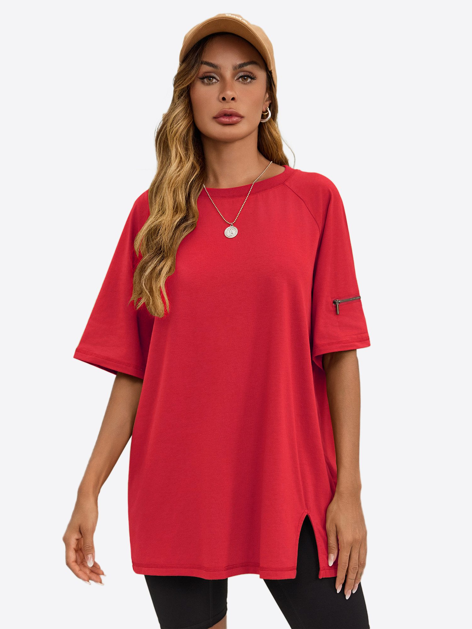 Imily Bela Oversize-Shirt Damen T-Shirt Halbarm Rundhals Seitenschlitz (Packung, 1-tlg., 1per-Pack) mit Reißverschluss am Raglanärmel